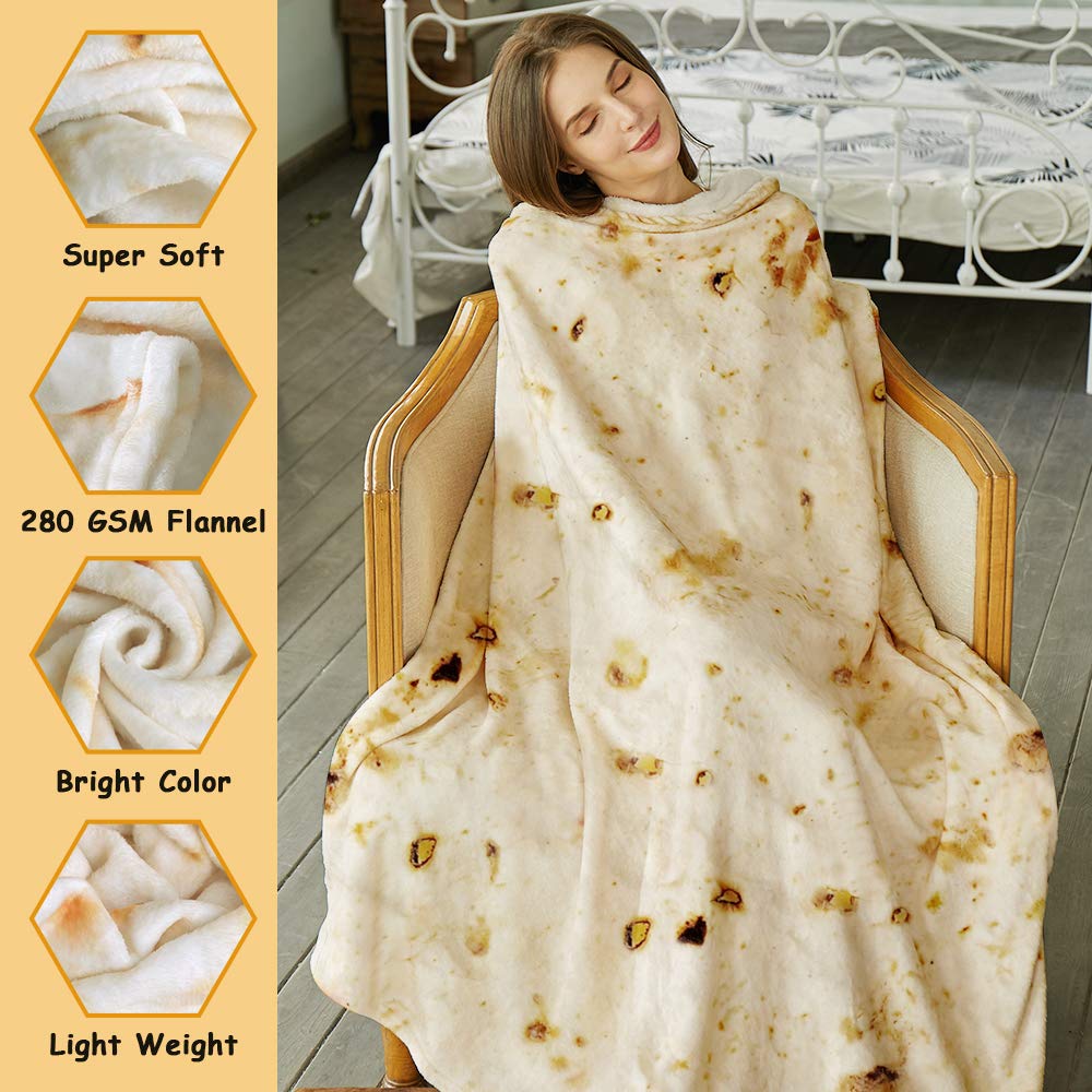 SeaRoomy Burritos Tortilla Throw Blanket, Tortilla Wrap Blanket, Novelty Funny Tortillas Round Blanket Giant Tortillas Round Soft Blankets for Adults and Kids (Beige, 60 inches)