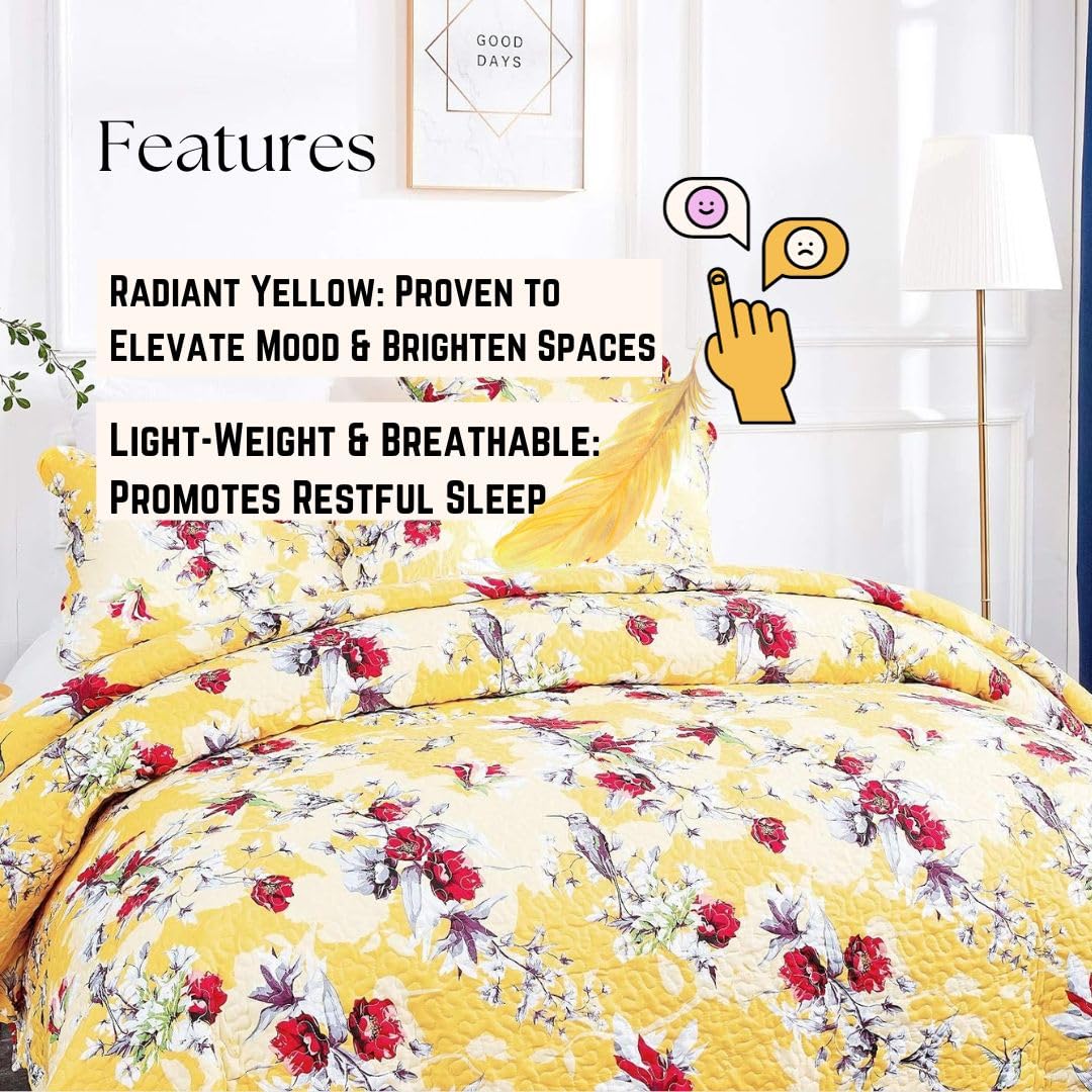 DaDa Bedding Radiant Sunshine Yellow Floral Bedspread Set - Hummingbirds Farmhouse Red Flowers Garden Quilted Coverlet - Scalloped Edges Bright Vibrant Multi-Colorful - Queen - 3-Pieces