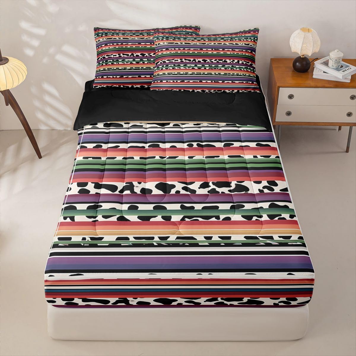 Rainbow Striped Zipper Bedding Set Queen Zip Up Bedding Purple Pink Cow Print Comforter Set with Sheets for Boys Girls,Black and White Cowhide Bed in a Bag Bull Farm Animals Western Bed Sets