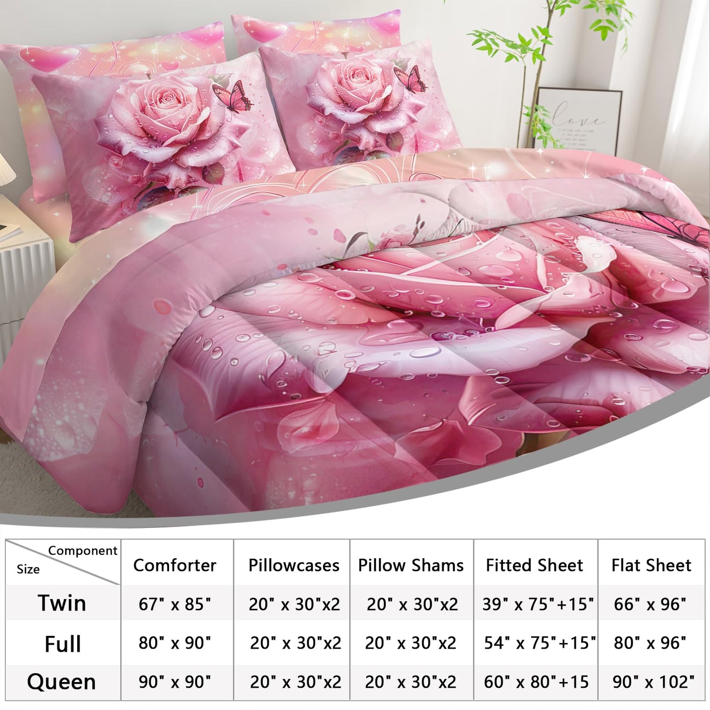 AILONEN Pink Rose Comforter Set Full Size for Girls Women,7-Piece Soft Bed in a Bag,Rose Flower Butterfly Comforter & Fitted Sheet & Flat Sheet & 2 Pillowcases,2 Pillow Shams
