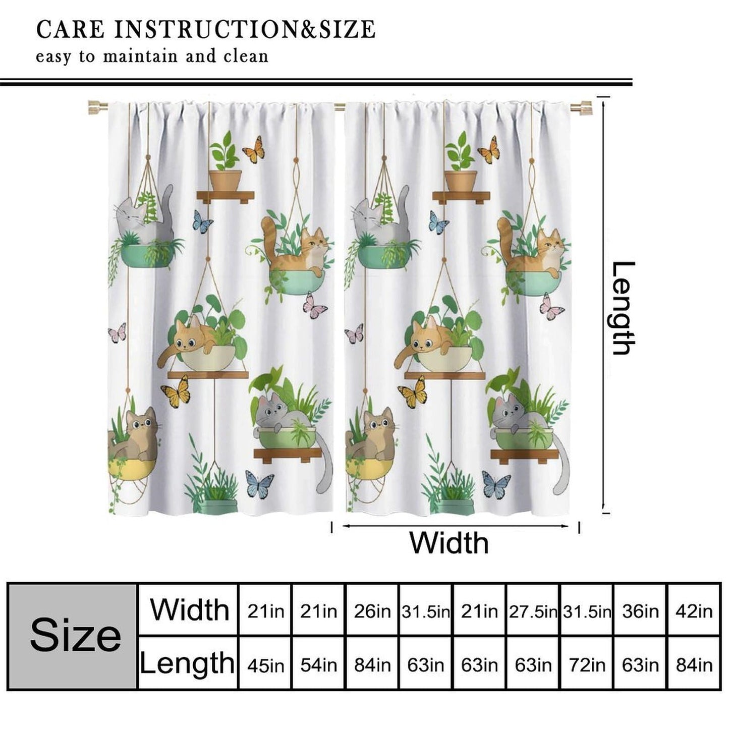 Cat Curtains, Rustic Farmhouse Hanging Potted Plants Print Home Decor Drapes for Bedroom Living Room Kitchen Window Treatment 2 Panels Set Total Size 42" W X 45" L Inch
