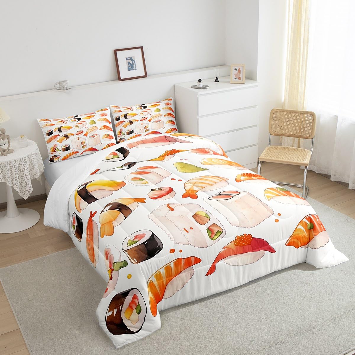 Erosebridal Cute Sushi Bedding Set Queen,Japanese Food Comforter Set Sushi Gifts for Kids Teens Adults,Anime Style Quilt Bed Set Funny Food Bed Comforter Sets with 2 Pillowcases Bedroom Decor