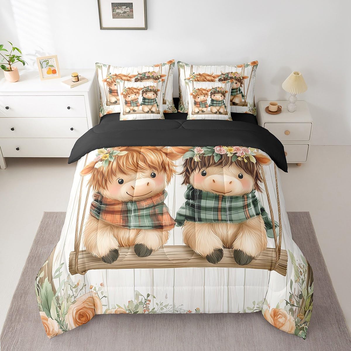Erosebridal King Comforter Set for Kids,7 Pieces Highland Cow Bedding Sets King Bed in a Bag,Reversible Western Cow Bed Set,Farmhouse Animal Comforter, Sheets, Pillowcases and Cushion Cases