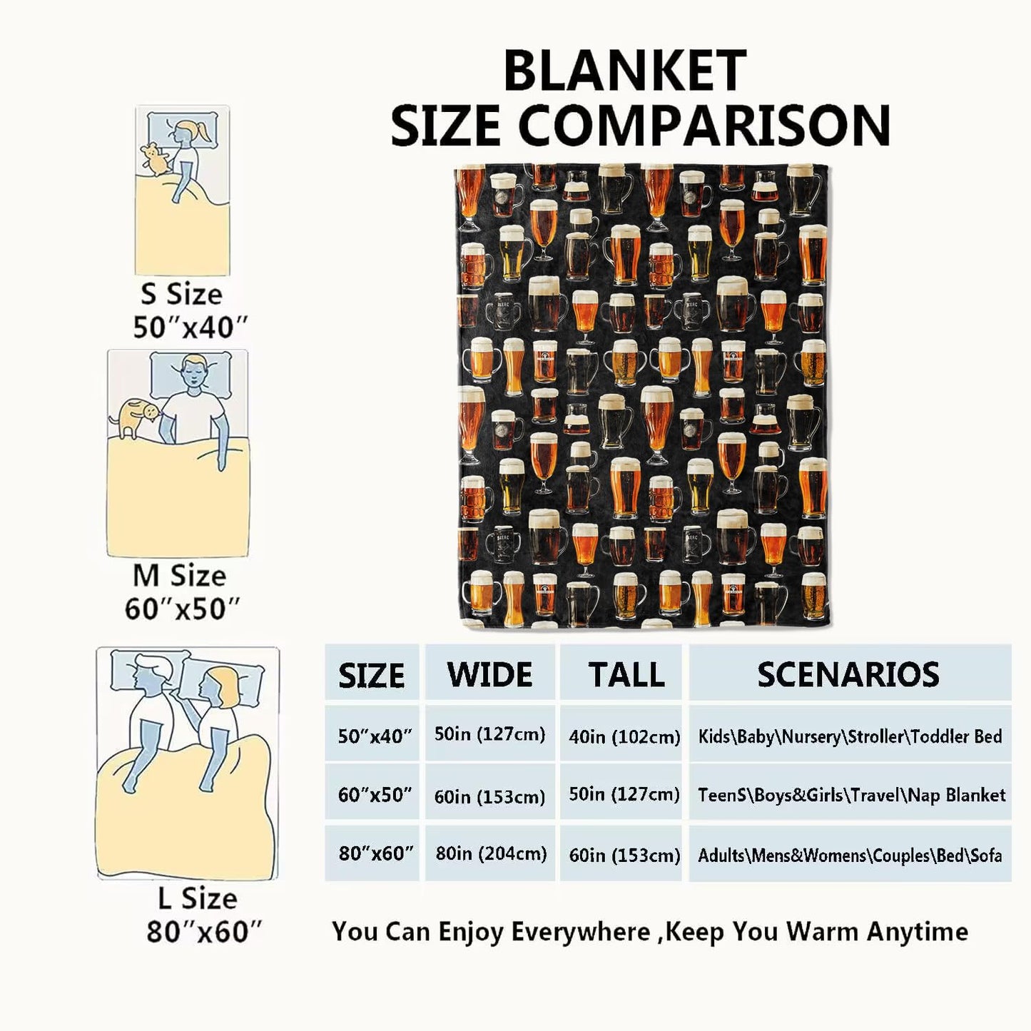 VODRM Beer Glasses Blanket,50x60in,Fun Black Throw Blankets,Gifts for Men Women & Nature Lovers, Lightweight Soft Fleece Cozy,for Sofa Couch Bed Room Bar Decor