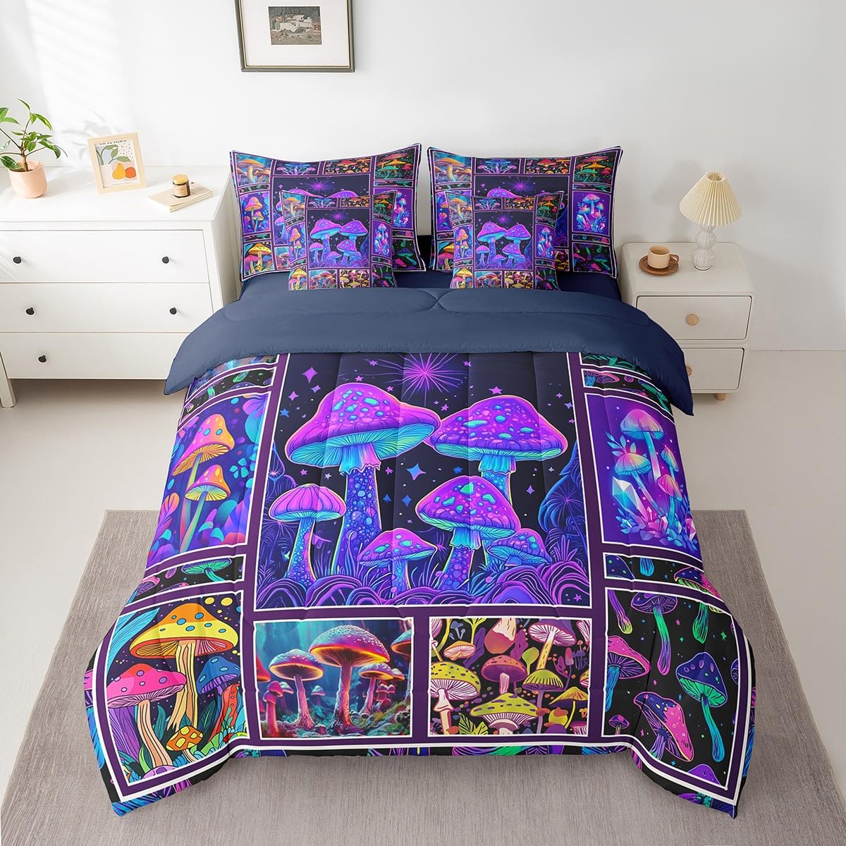 Erosebridal Mushroom Comforter Set King Size,Neon Fungus Bedding Set for Kids Teens,Psychedelic Plant (Comforter+Fitted+Flat Sheet+2 Pillowcases+2 Throw Pillow Covers) 7 Pieces Bed Set
