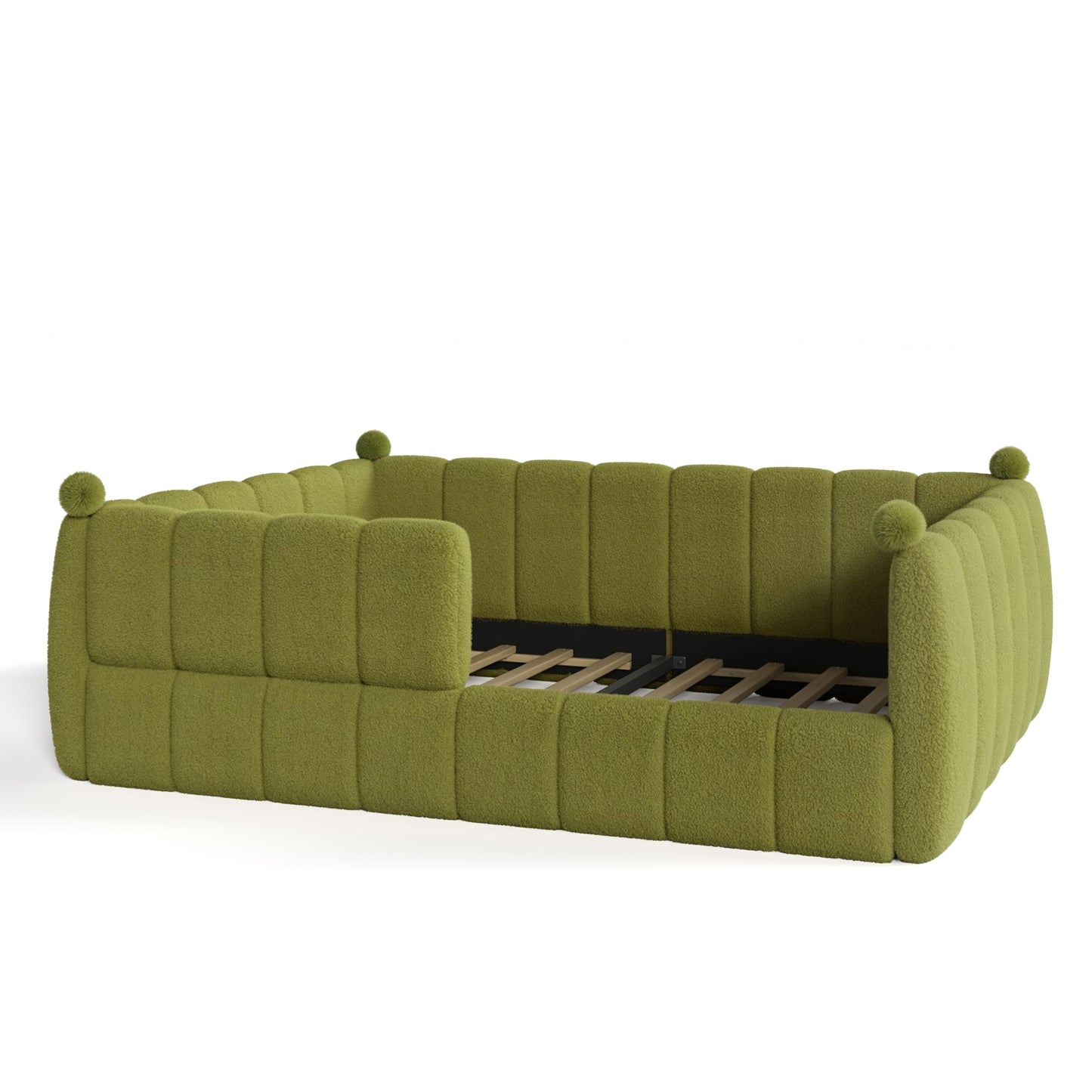 Bellemave Queen Size Teddy Fleece Upholstered Montessori Floor Bed with Fence,Low Profile Kids Bed Frame with Full Padded Safety Guardrails, No Box Spring Needed for Boys and Girls,Green