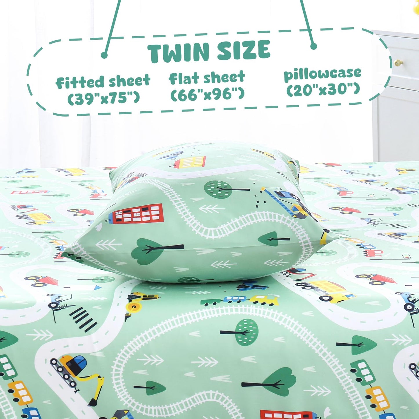LONAVA Twin Sheet Set Kids - 3 Pieces Soft Microfiber Cartoon Style Bedsheets for Boys Girls Teens, Oeko TEX, Breathable Deep Pocket Sheets (Engineering Car)