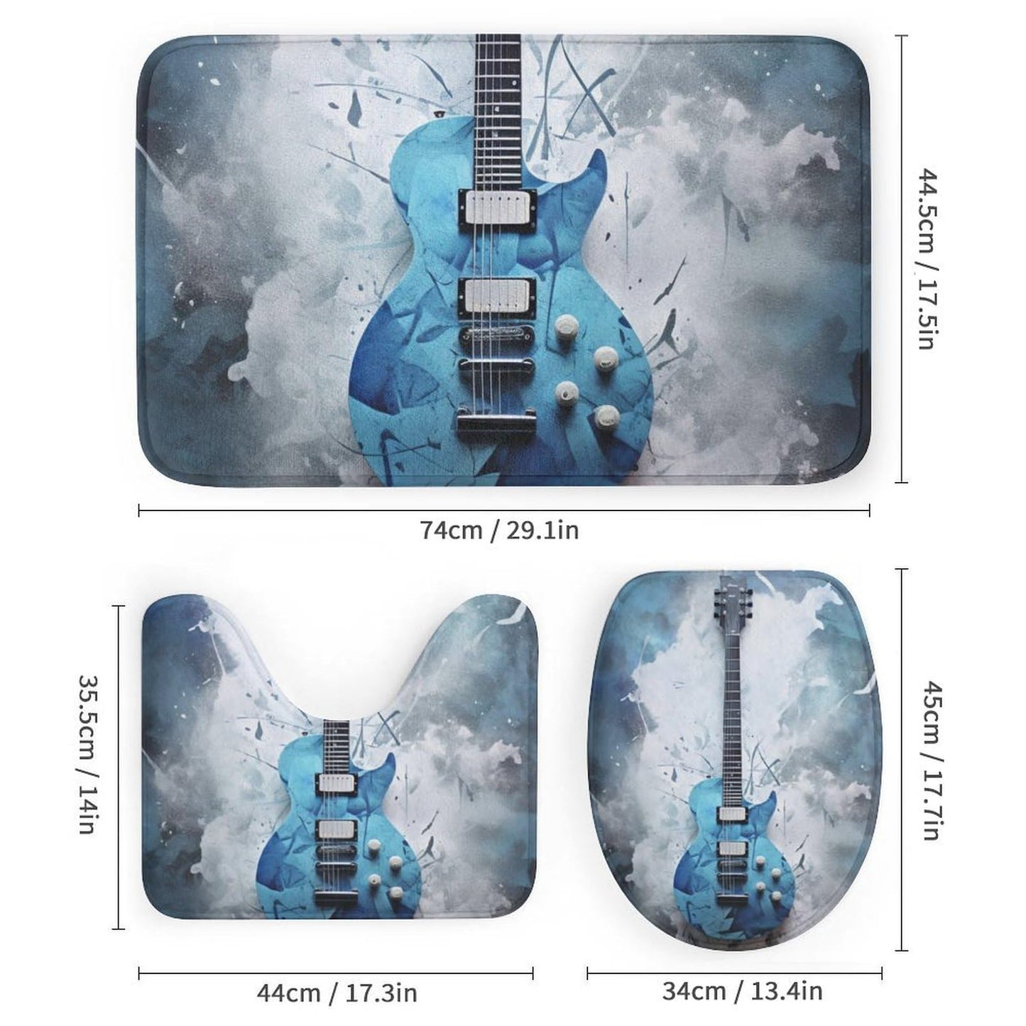 FOCCAFB 4Pcs Abstract Guitar Bathroom Sets with Shower Curtain Rugs Mats Blue Natural Musical Instrument Bathroom Decorations Sets with Non Slip Rugs Toilet Lid Cover Bath Mat, Style-2