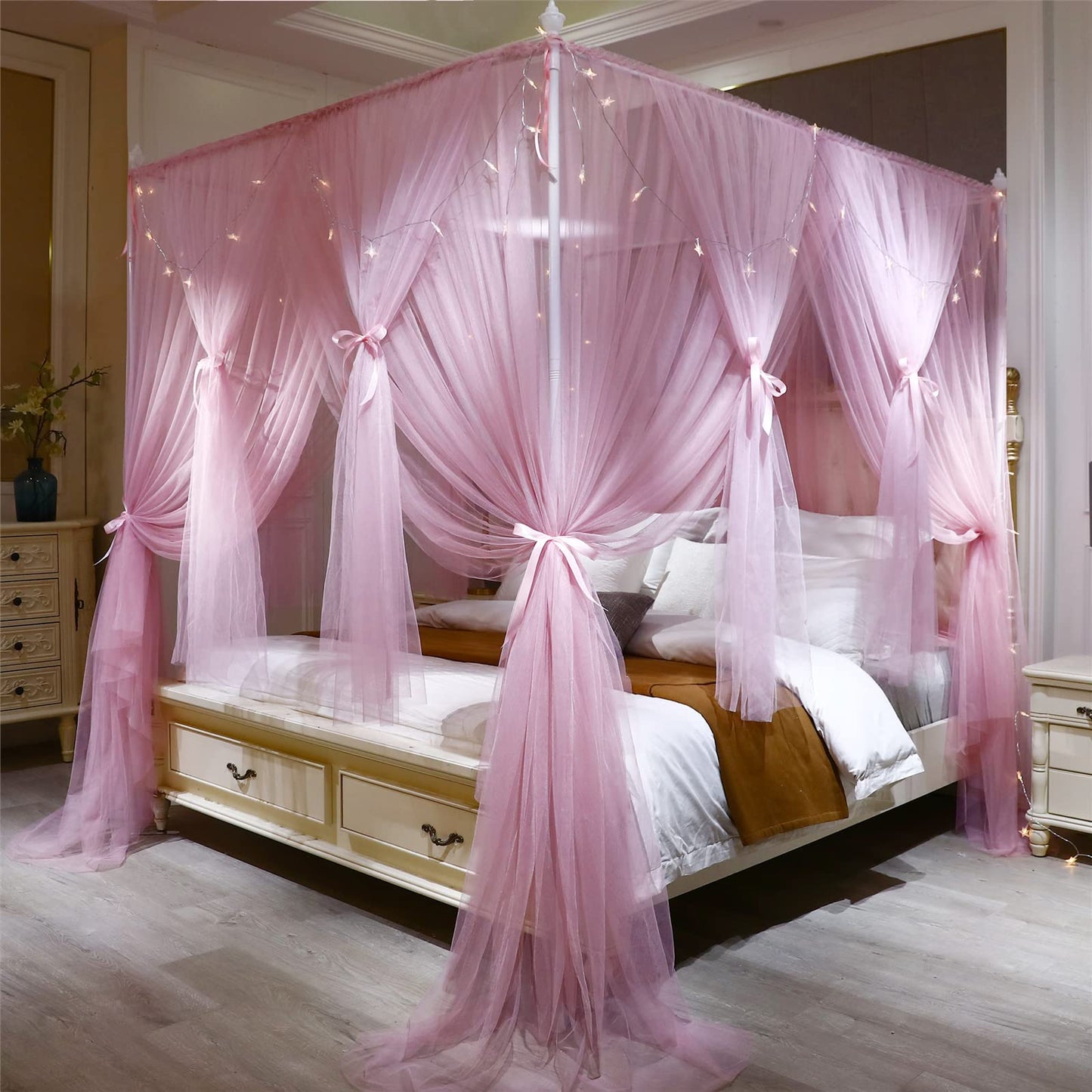VETHIN 4 Corners Post Princess Bed Canopy Curtain Double Layer Cozy Drape Netting 4 Opening Mosquito Net for Girls & Adults Bedroom Decoration Accessories (Double Pink, 78" W*86" L*82"*H/(King))