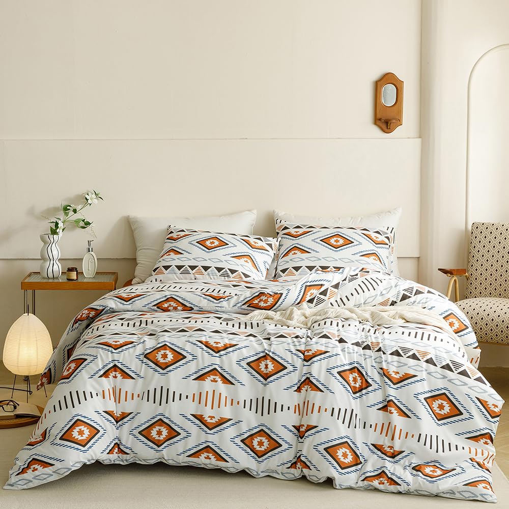 CLOTHKNOW Aztec Geometric Queen Comforter Set 3Pcs Boho Bedding Comforter Sets Southwest Comforter Bohemian Comforter with 2 x Pillowcases