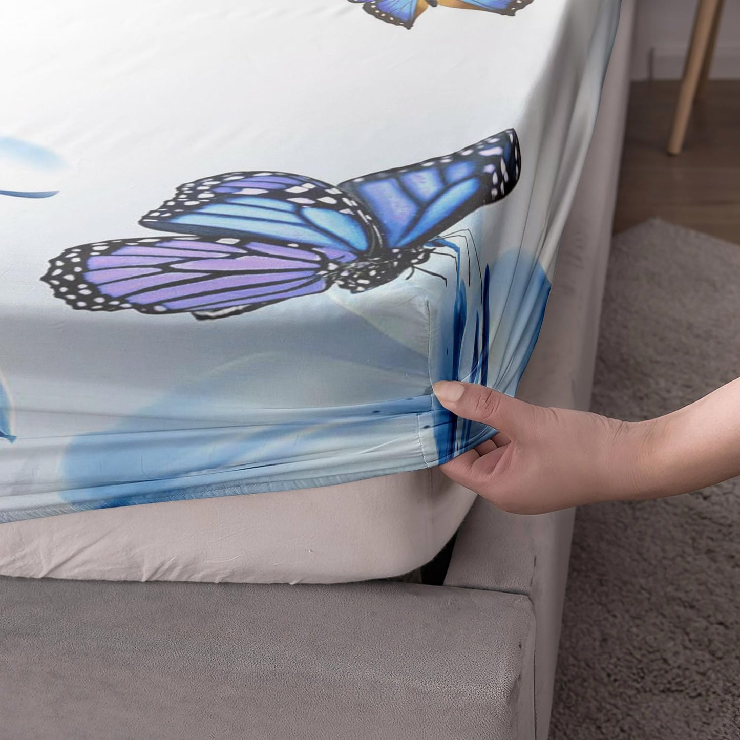AILONEN Butterfly Fitted Sheet Twin Size Sheets for Girls Women, Blue Lily Flower Bed Sheets,Flying Animals Theme Bedding Set 3 Pieces,Soft Breathable Fitted Sheet and 2 Pillowcases