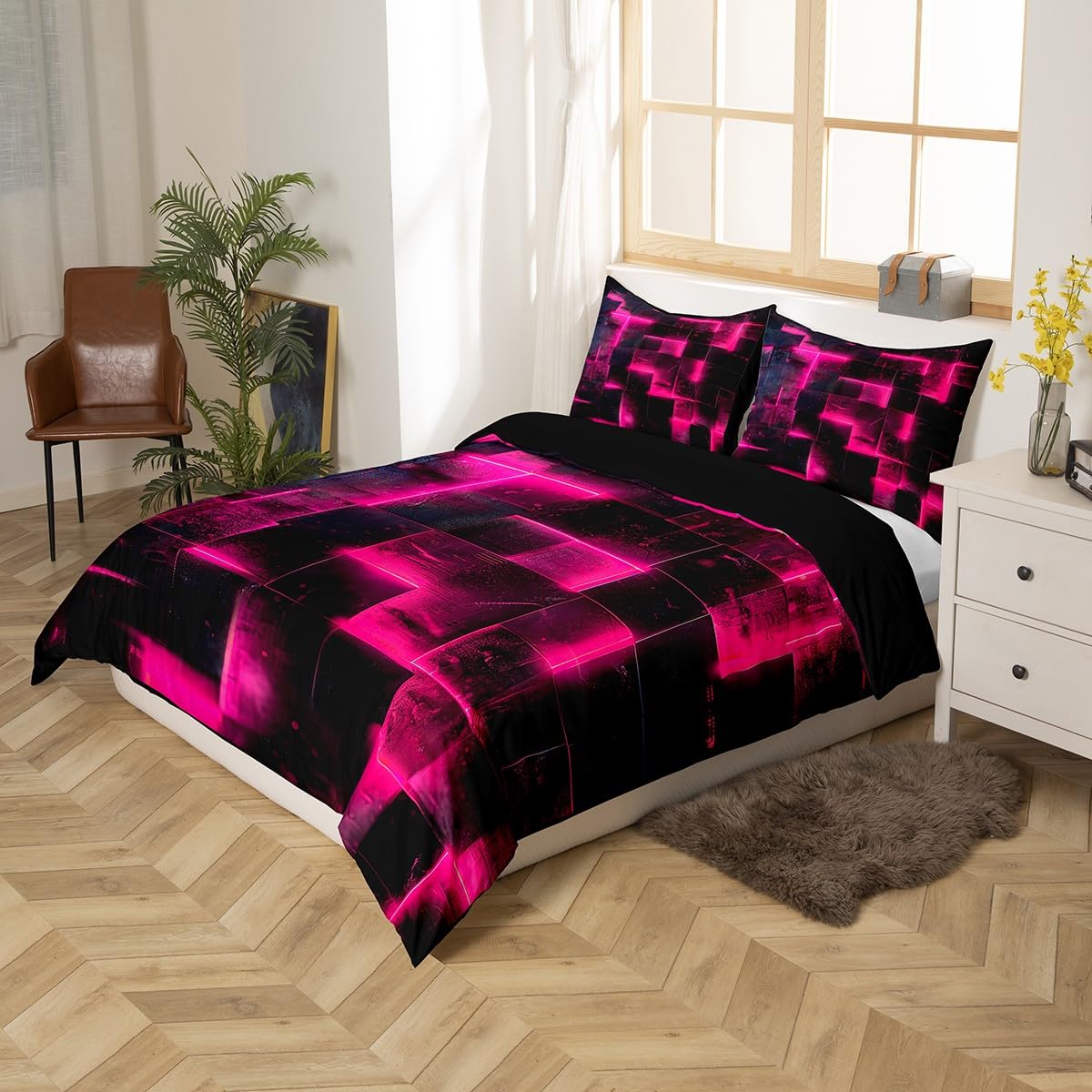 Hot Pink Black Bed Set 3D Glowing Buffalo Duvet Cover Queen Size Modern Abstract Art Queen Bedding Sets Geometric Plaid Comforter Cover, Gradient Futuristic Cubes Bed Cover (Black Reversible)
