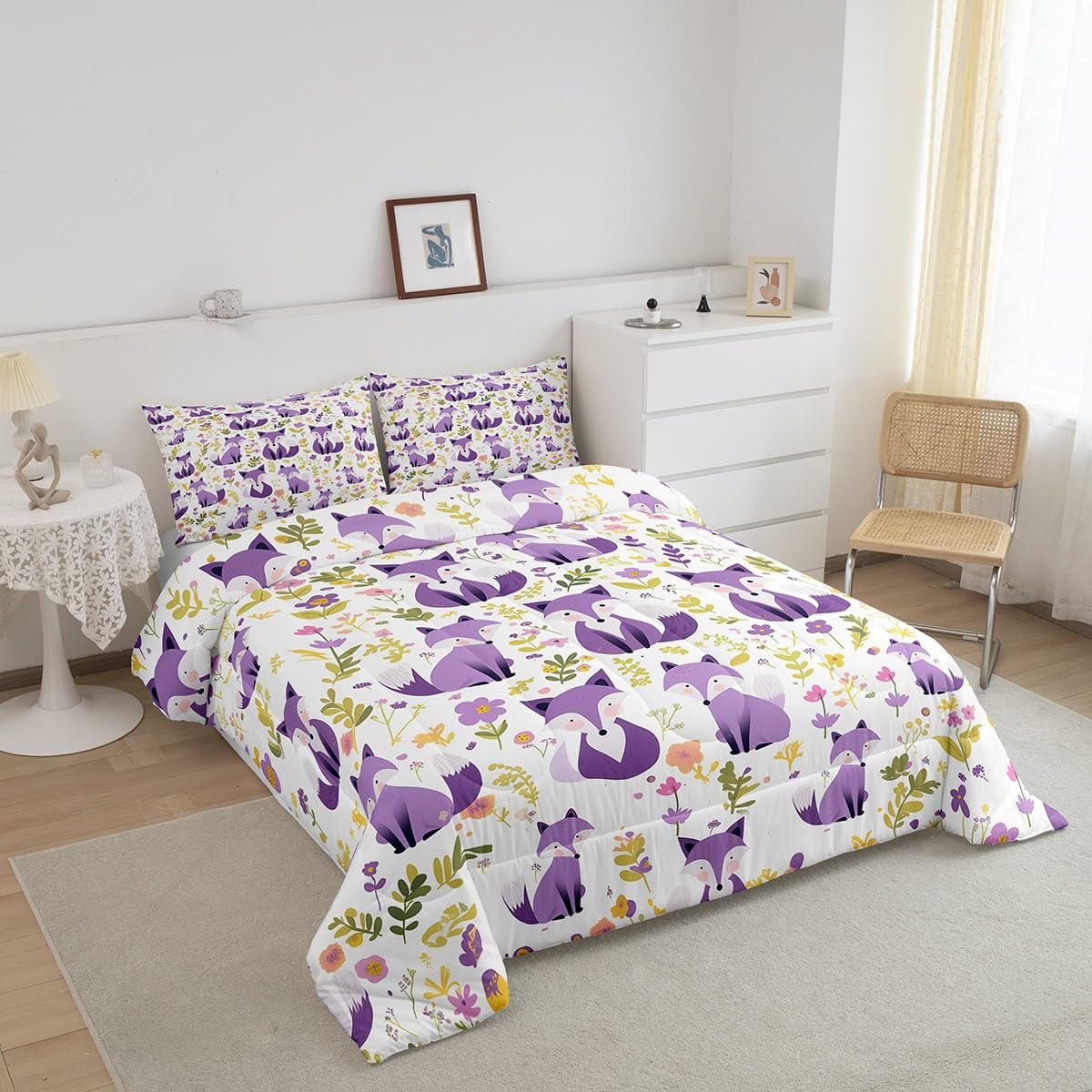 Feelyou Purple Fox Comforter Set Twin Size Kids Cute Cartoon Fox Bedding Set for Boys Girls Teens Animal Floral Comforter Breathable Woodland Fox Duvet Set Nature Wildlife Quilt Set