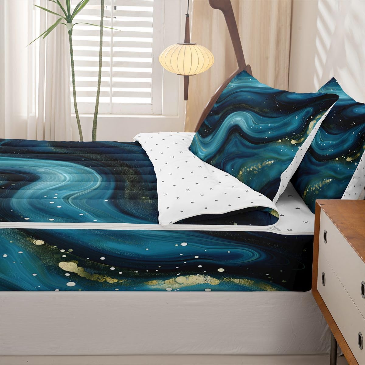 jejeloiu Marble Print Zipper Bedding Sets for Kids Boys Girls Abstract Twin Comforter Set with Fitted Sheet Teal Bedroom Decor Deep Ocean Wave Texture Microfiber with 2 Pillow Cases Luxury