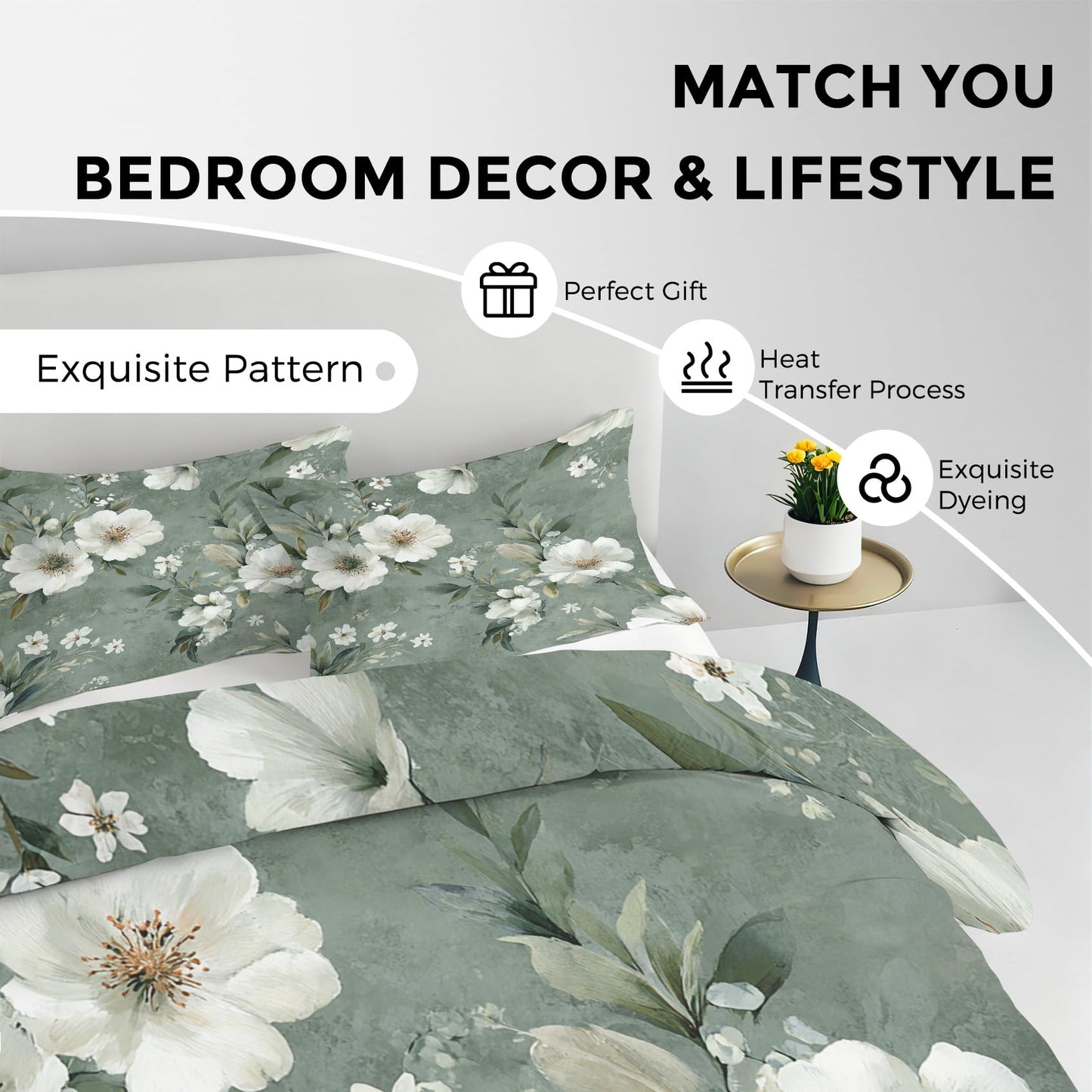 Floral Duvet Cover Queen, Botanical Leaves Bedding Set 3 Piece & 2 Pillowcases, White Flower Bedroom Decor, Reversible Soft Microfiber, Zipper Ties