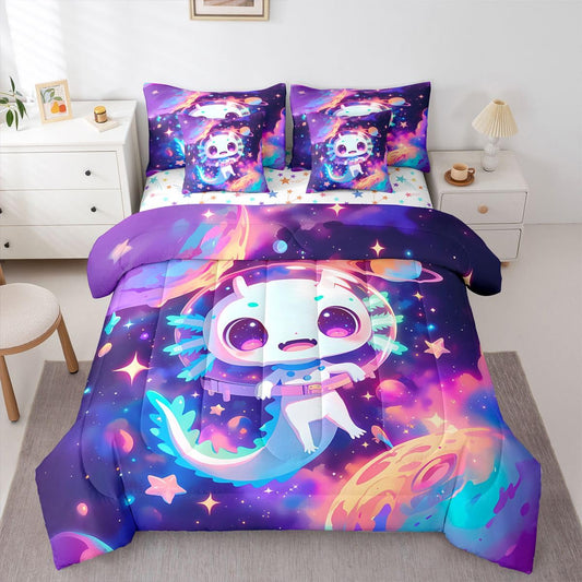 Erosebridal Kids Cute Axolotl Queen Bedding Set for Girls Teens Galaxy Planet Space Comforter Set Purple Dreamy Starry Sky 7-Piece Bed in a Bag Princess Axolotl Reptile Animal Quilt Sets