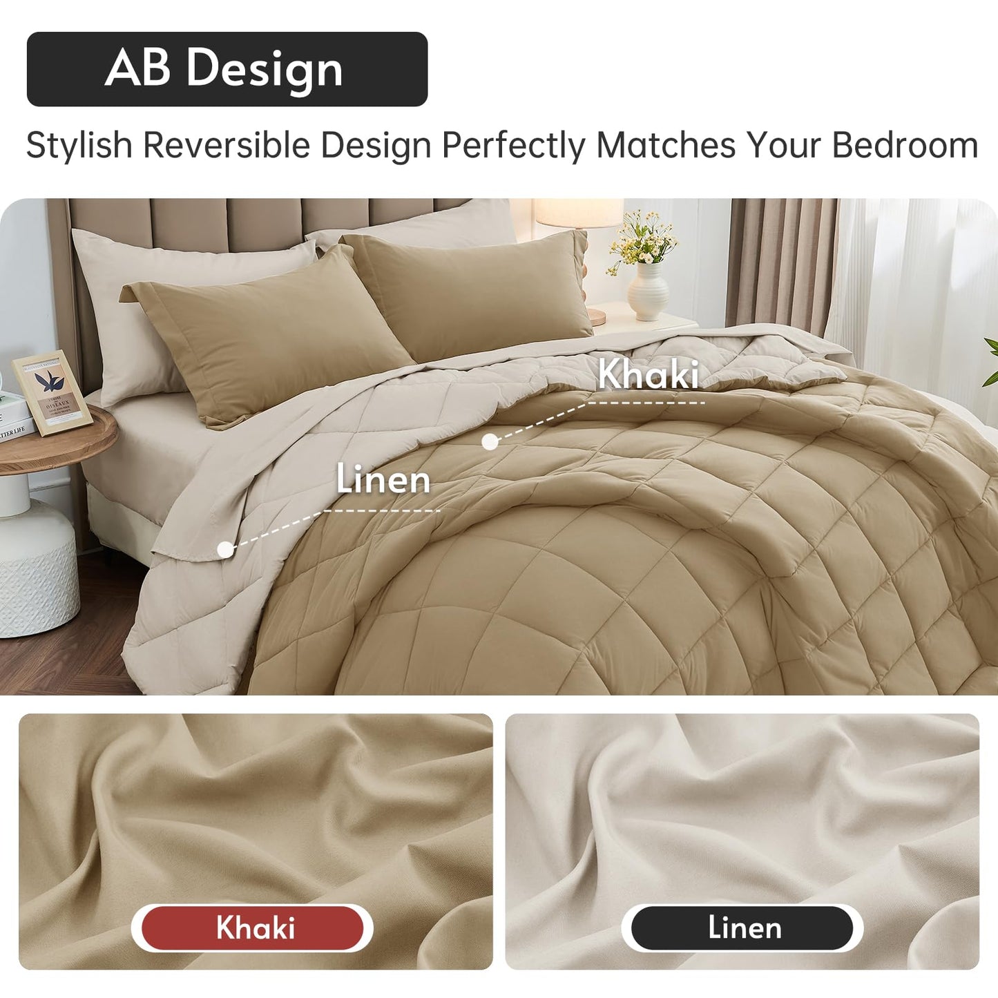 MUXHOMO 7 Pieces California King Comforter Set, Reversible Bed in a Bag Cal King Size, All Season Bedding Set with Comforter, Flat Sheet, Fitted Sheet, Pillowcases & Shams, Khaki & Linen