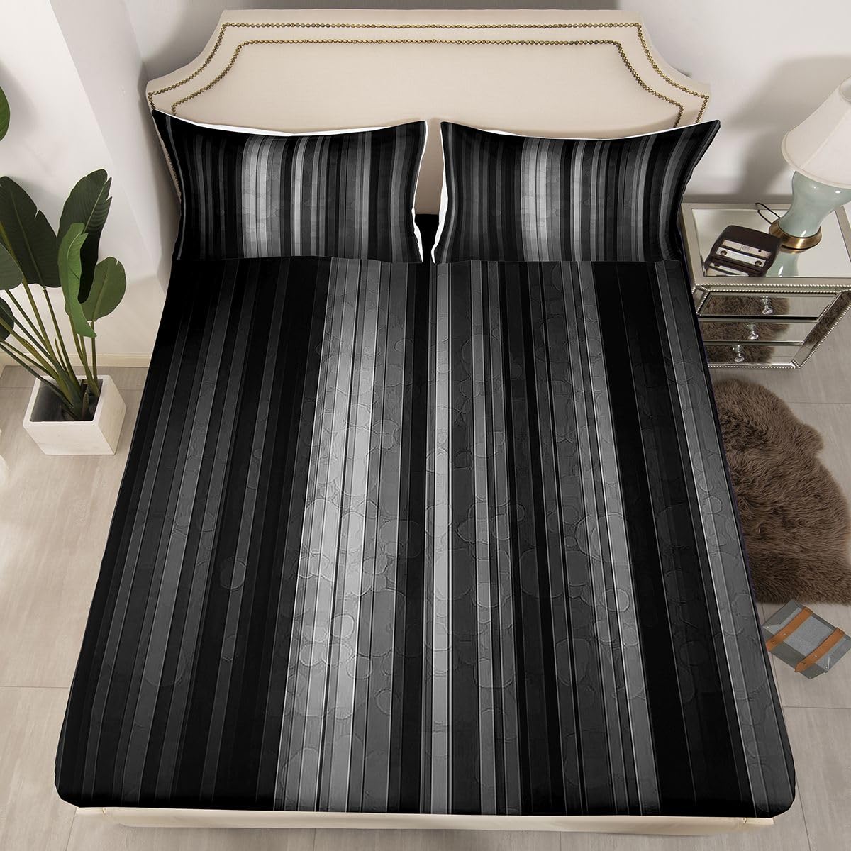 jejeloiu Modern Striped Bed Sheets Set Full Size Geometric Bed Set Black Gray Deep Pocket Fitted Sheet Gradien Breathable Soft Lightweight Microfiber