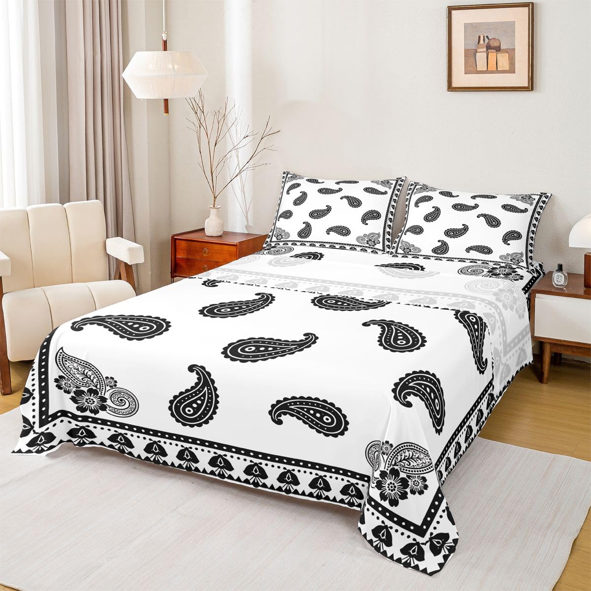 Erosebridal Paisley Floral Bed Sheets Set Full Mandala Exotic Chic Flower Sheet Set Retro Boho Sheets Black White Flat Fitted Sheet