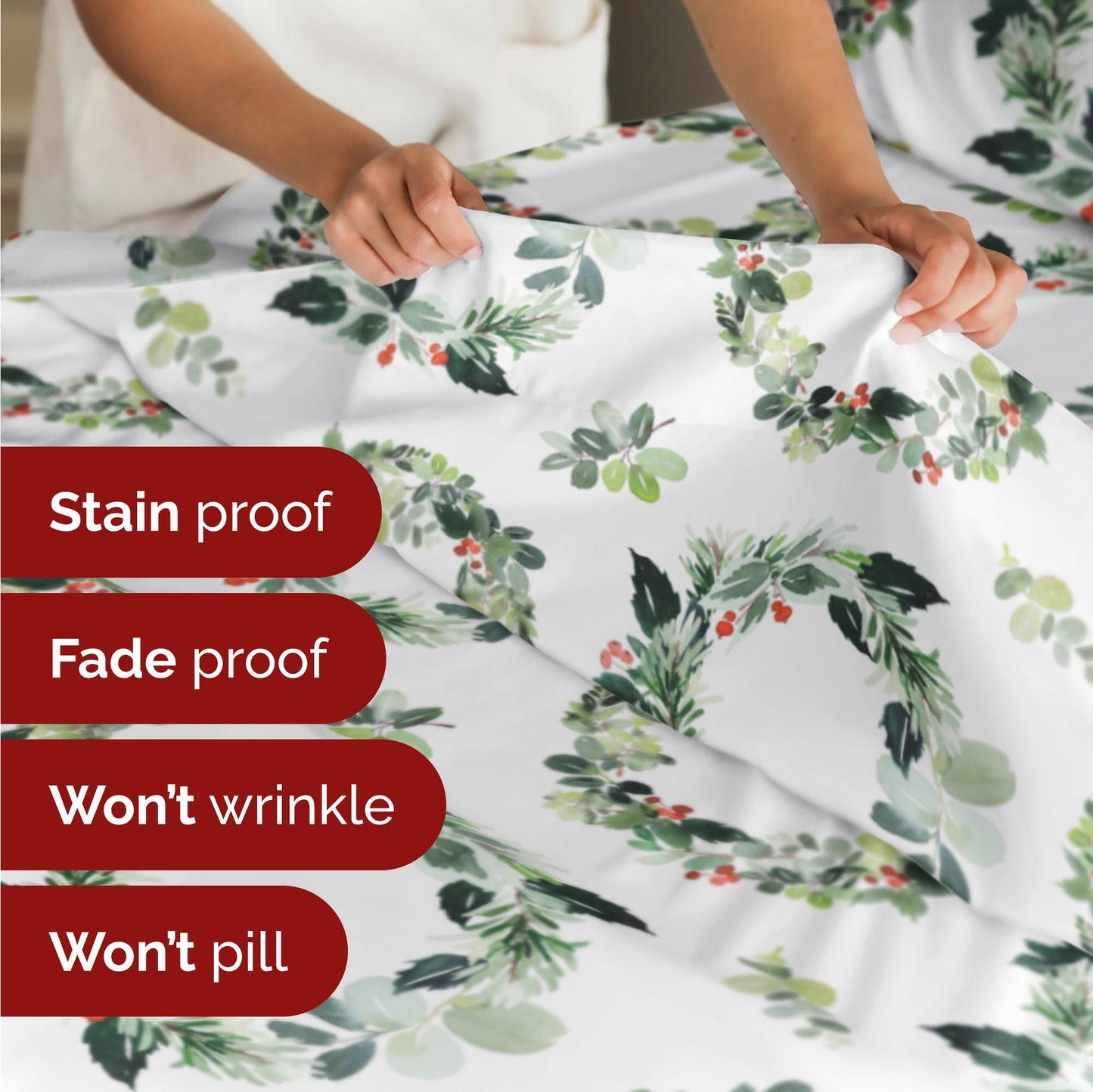 King Christmas Holiday Wreath Sheet Set - Holiday Xmas Pattern Bedding Set - Deep Pockets - Snug Fit - 4 Piece - Wrinkle Free - Cooling Comfy Festive Winter Holiday Sheets for Women, Men, Kids & Teens