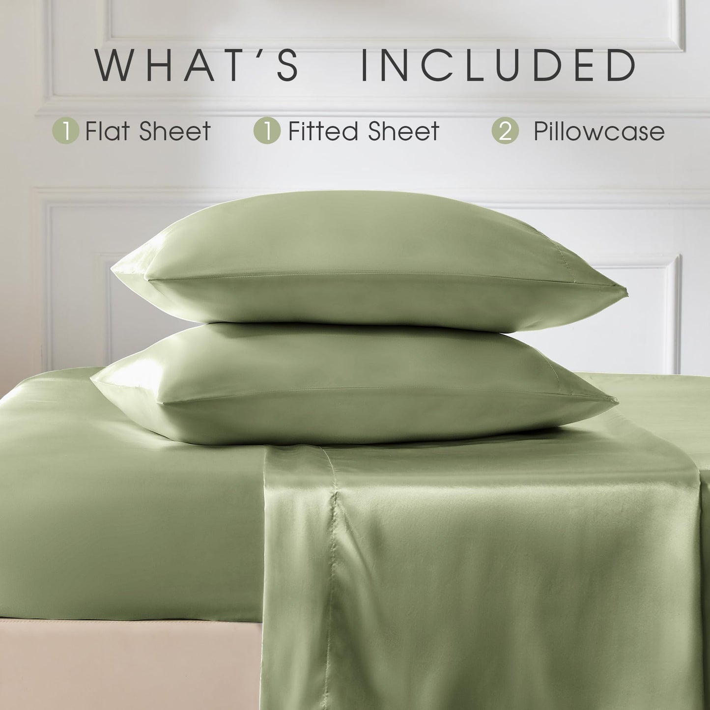 FreshCulture Satin Sheets Full Size - 4 Piece Luxury Soft Silky Full Size Bed Sheets, Similar to Silk Bed Sheet Set with 1 Deep Pocket Fitted Sheet, 1 Flat Sheet & 2 Pillowcases (Sage Green)