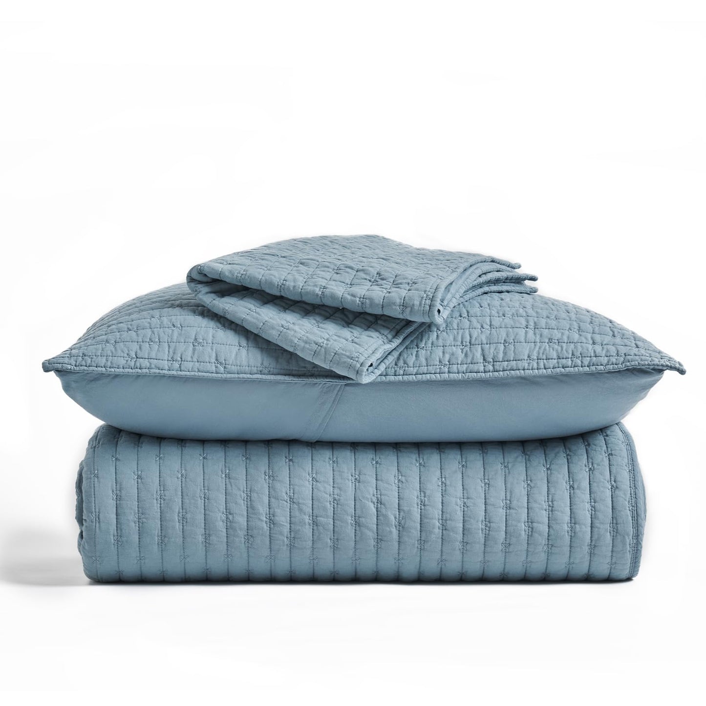 EVERGRACE x Kinsey Walsh Cross Stitch Pre-Washed Cotton Quilt Bedding Set King Size, Oversized 3 Pieces Lightweight Bedspread Coverlet for All Season, with 2 Matching Shams, Dusty Blue, 108"x96"