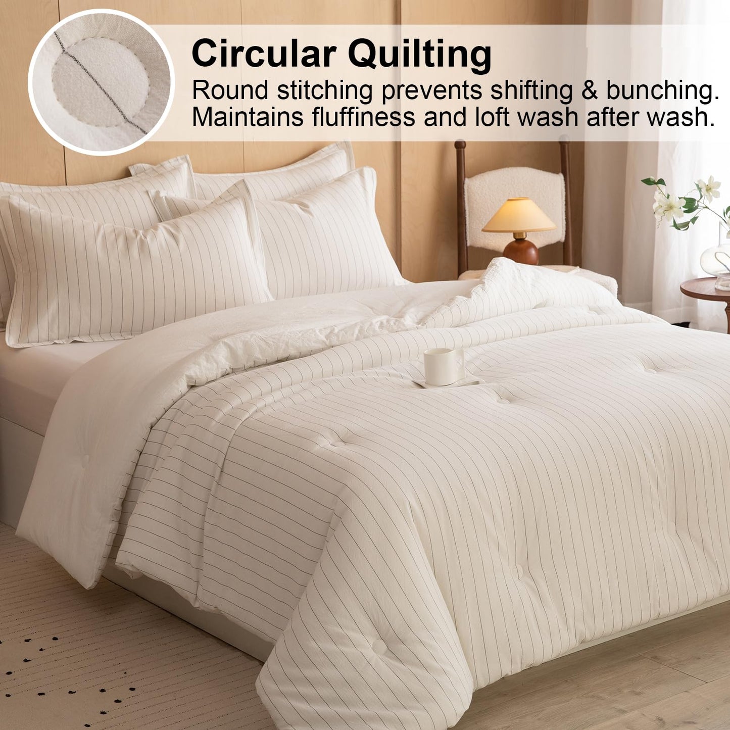 LLanCL Cotton Stripe Comforter Set Queen Size,100% Cotton Cover with Polyester Fill,Ultra Soft,Breathable,Lightweight Bedding for All Seasons,1 Comforter 90"x90" & 2 Pillow Shams 20"x26"(White)