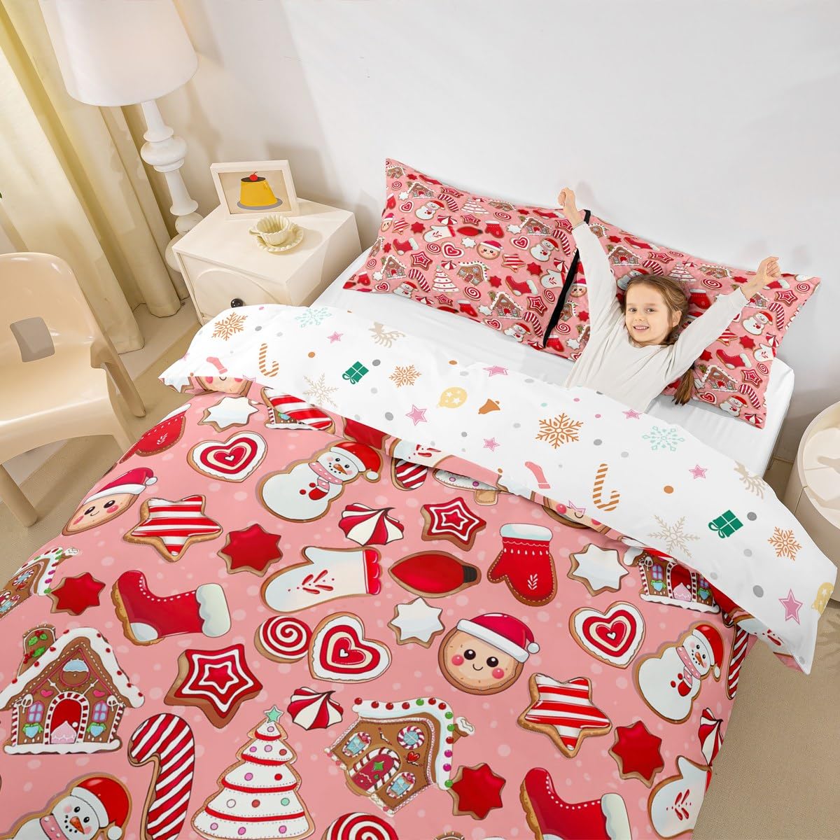 Christmas Duvet Cover Set Twin Size Cartoon Gingerbread Santa Claus Bedding Set 2pcs for Kids Girls Boys Bedroom Decor Cute Snowman Christmas Tree Comforter Cover Pink Red Quilt Cover,1 Pillowcase