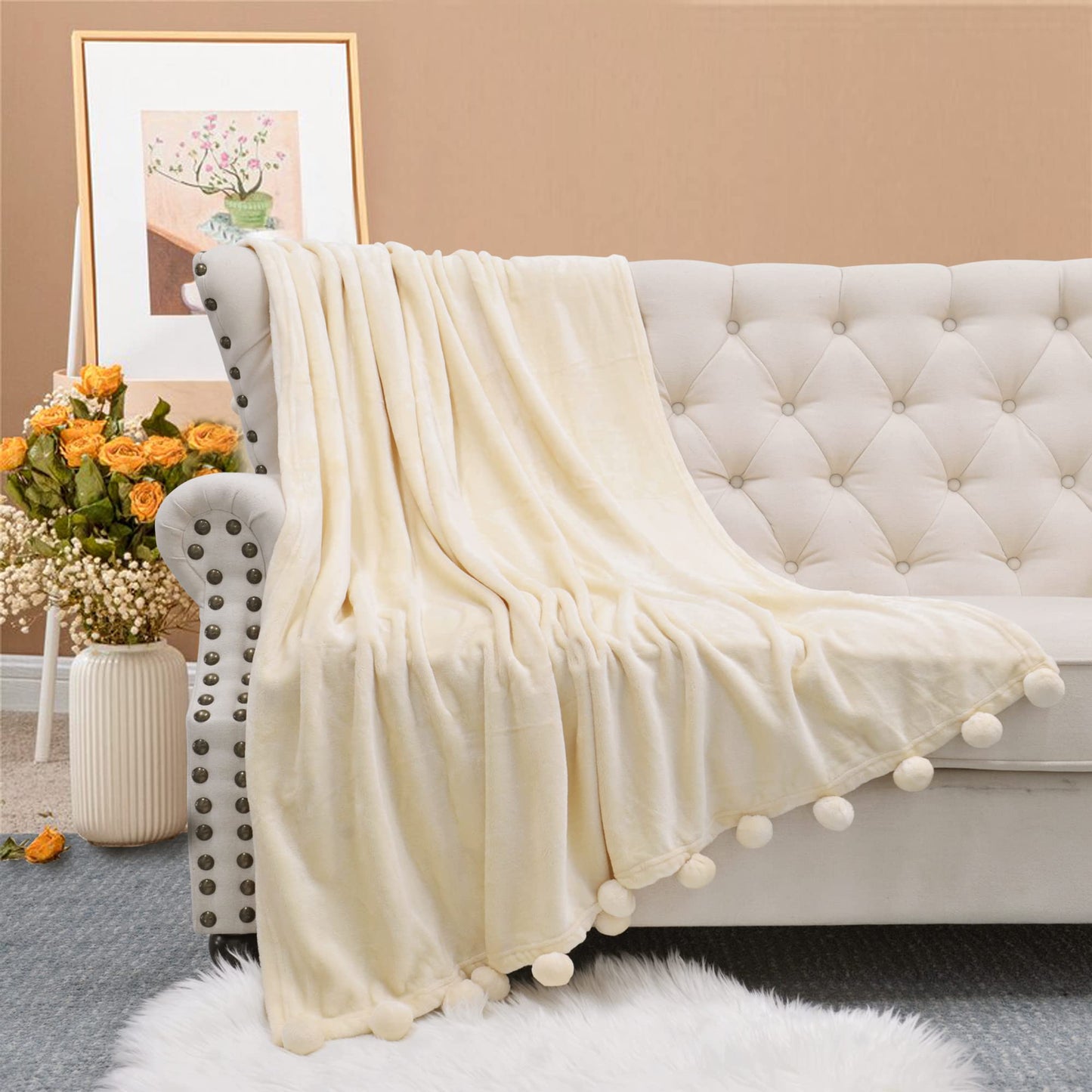 Home Soft Things Pompom Bed Couch Throw Blanket, 50'' x 60'', Antique White, Fuzzy Soft Comfy Warm Decorative Throw Blanket for Living Room Bedroom Suitable for All Seasons