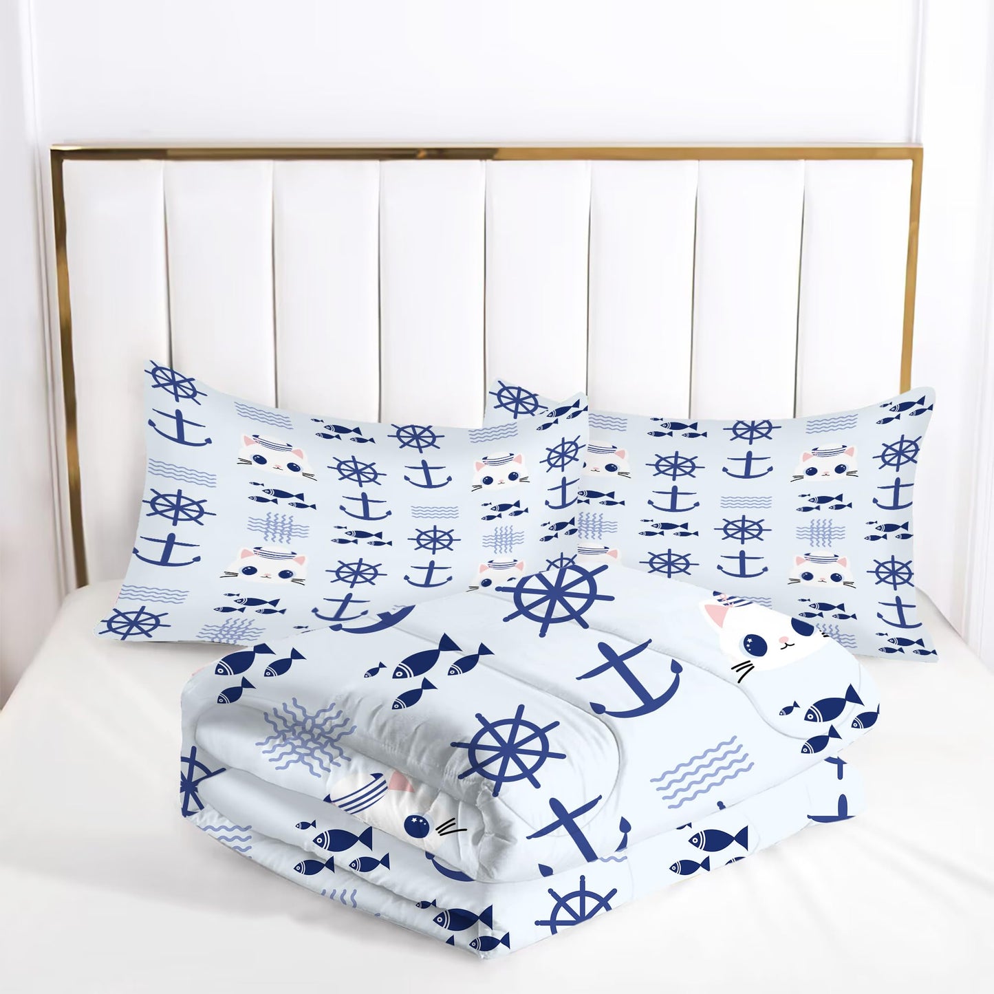 EDGZKO Nautical Cat Comforter Set Full Size Navy Anchor Sailor Cats Bedding Sets Cartoon Blue Marine Theme Bed Set for Teen Girls Boys Kids, 1 Comforter & 2 Pillowcases
