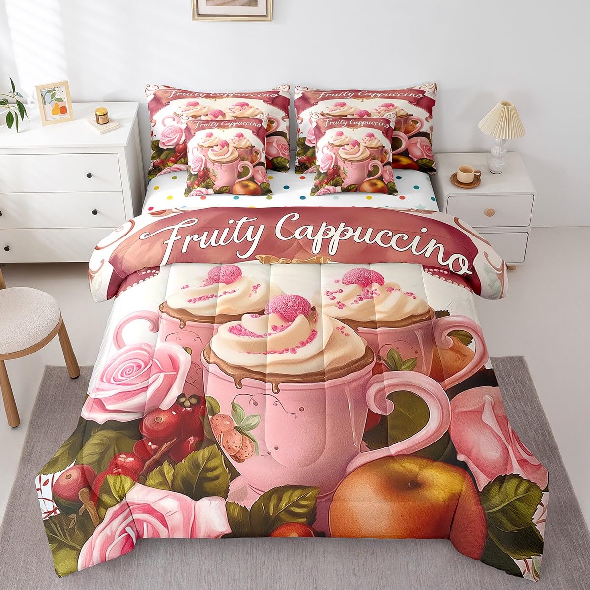 Erosebridal Fruity Cappuccino Comforter Set Full Size,Yummy Coffee Bedding Set for Kids Teens,Oil Painting Fruit (Comforter+Fitted+Flat Sheet+2 Pillowcases+2 Throw Pillow Covers) 7 Pieces Bed Set