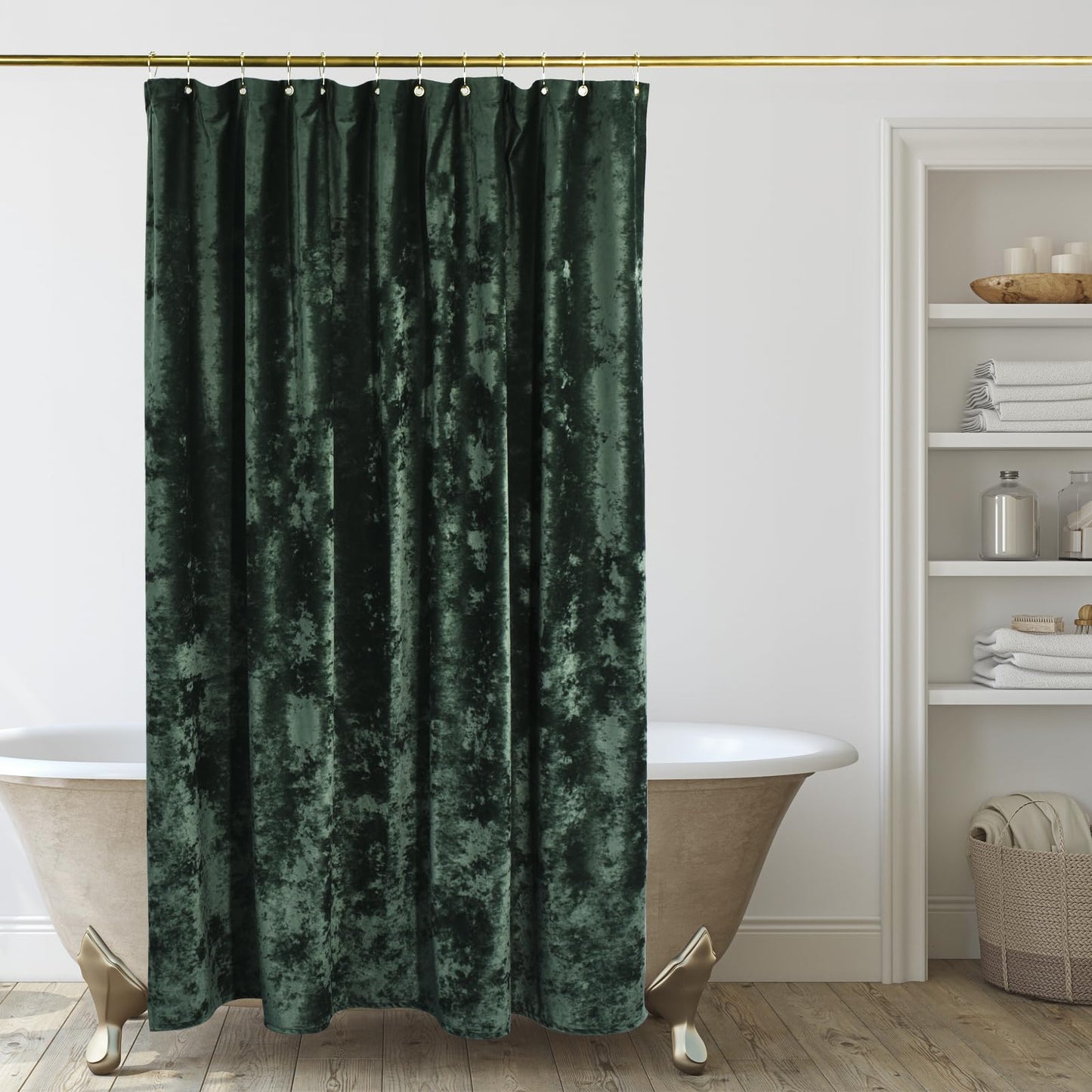 TAMGHO Crushed Velvet Shower Curtain, Dark Green Luxury Shower Curtain with Gold Decro Metal Hooks, Machine Washable Thick Fabric Bathroom Curtain, 72x72