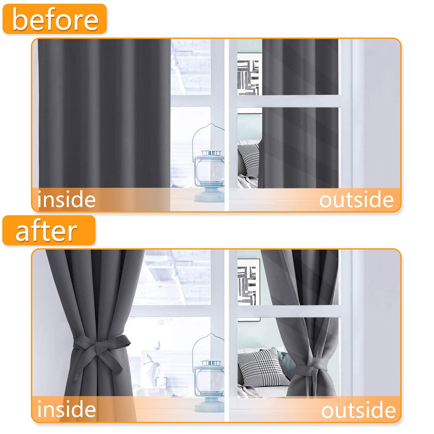 Hiasan Short Blackout Curtains for Bedroom - Thermal Insulated & Light Blocking Window Curtains for Living Room, 2 Drape Panels Sewn with Tiebacks, Dark Grey, 42 x 45 Inch