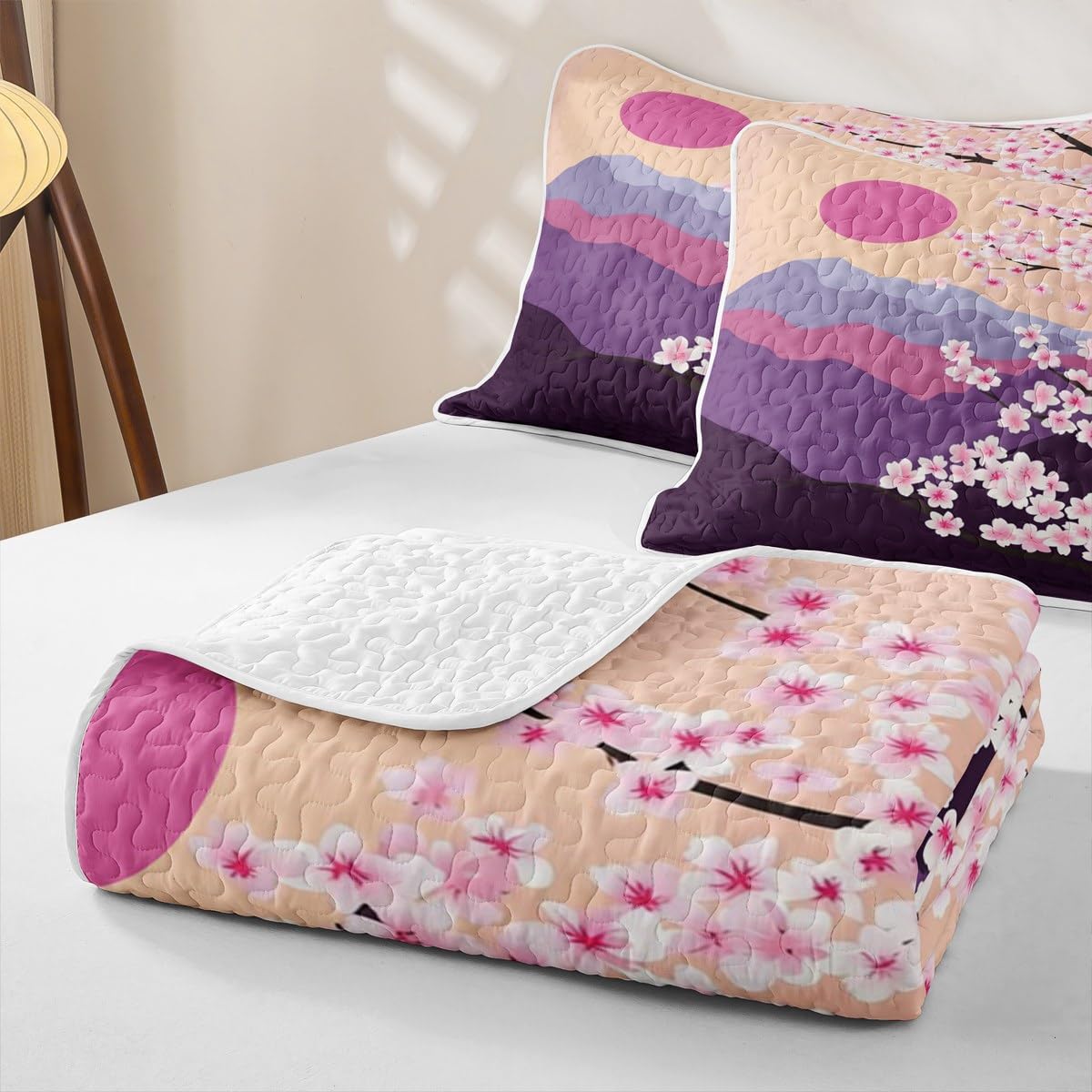 Erosebridal Cherry Blossoms Quilt Full Pink Flowers Quilt Set Japanese Style Quilted Bedspread Branches Plant Floral Bedding Coverlet