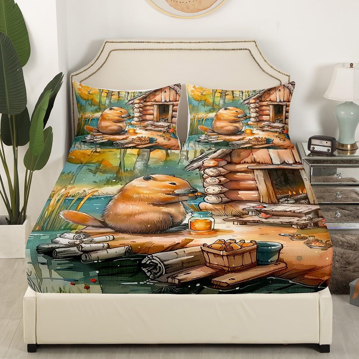 Erosebridal Boys Beaver Queen Size Bedding Set, Cute Guinea Pig Bed Sheets Lovely Animal Fitted Sheet for Kids Teens Adult Cabin Decor, Rustic Farmhouse Lodge Bed Set with 2 Pillow Cases,Brown
