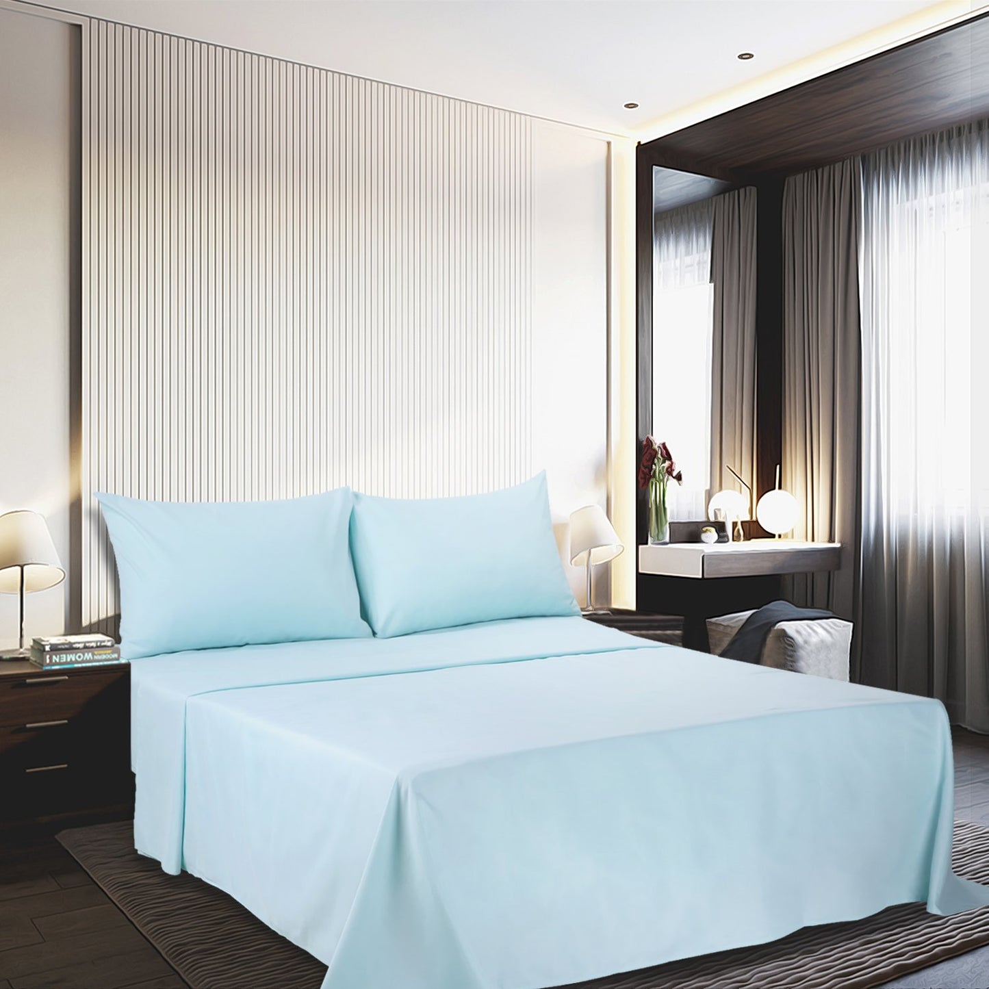 4 Piece Bed Sheet Set (Queen,Baby Blue) 1 Flat Sheet,1 Fitted Sheet and 2 Pillow Cases,Brushed Microfiber Luxury Bedding with Deep Pockets