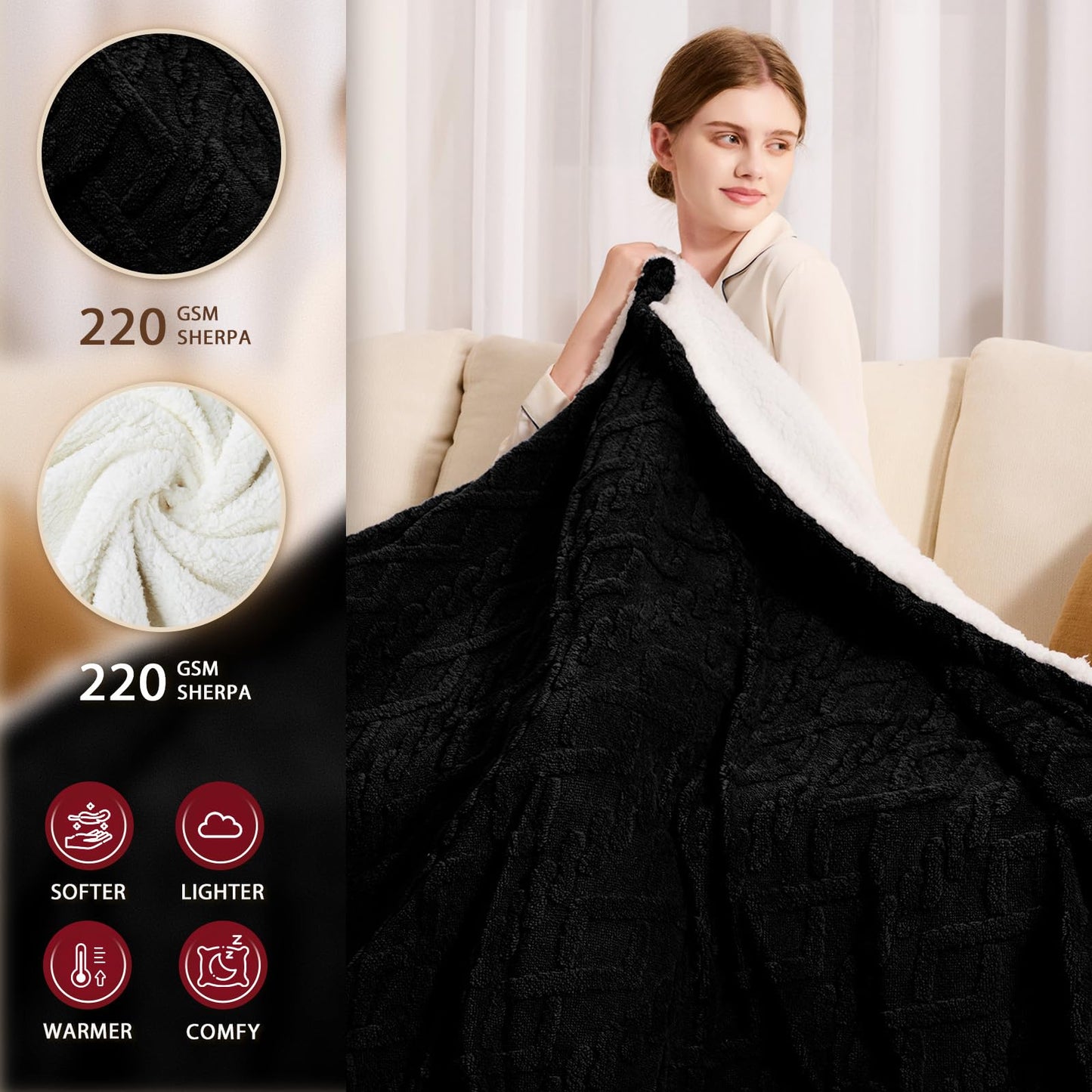 JKMAX Heated Electric Blanket Full Size-72"x84" Heating Blanket with 10 Heating Levels & 5 Time Settings Over-Heat Protection，Winter Warmer for Adults with ETL Certification（Black）