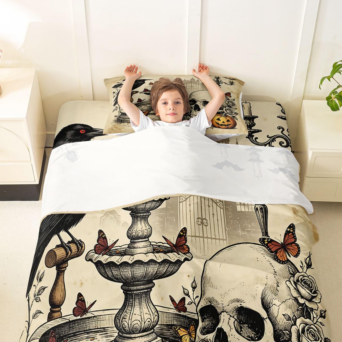 Erosebridal Gothic Skull Bed Sheets Twin Size Vintage Raven Butterfly Sheet Set Teens Adults Distressed Rose Fall Pumpkin Bedding Set Spooky Halloween Sheets