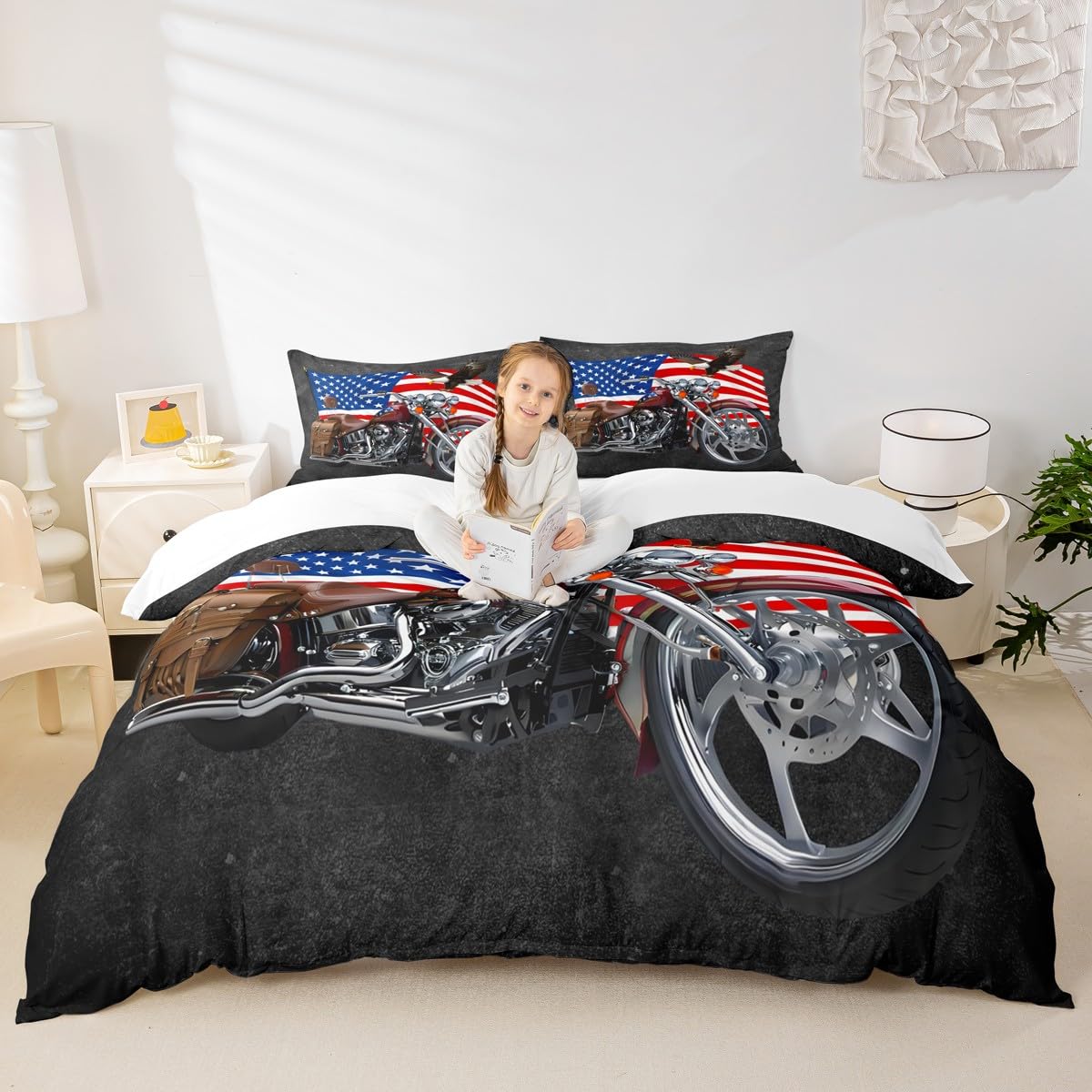 American Flag Duvet Cover Set King,Motorcycle Bedding Set 3pcs for Kids Teens Boys Girls Adult Room Decor,Eagle Animal Comforter Cover Brown Quilt Cover with 2 Pillowcases