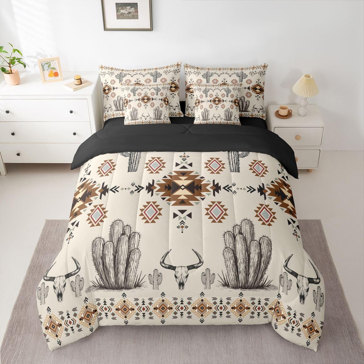 Erosebridal Western Aztec Bedding Set King Rustic Country Southwestern Comforter Set 7 Piece Boho Tribal Geometric Ethnic Bull Skull Bed in A Bag Vintage Native American Quilt with Flat Fitted Sheet
