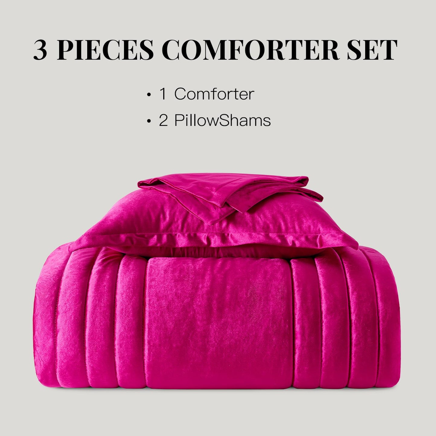 MUSSEL Hot Pink Queen Comforter Set 3 Pieces,Luxury Lightweight Fluffy All Season Cozy Velvet Bedding Comforter Sets,Neutral Striped Bedroom Comforter with 2 Shams