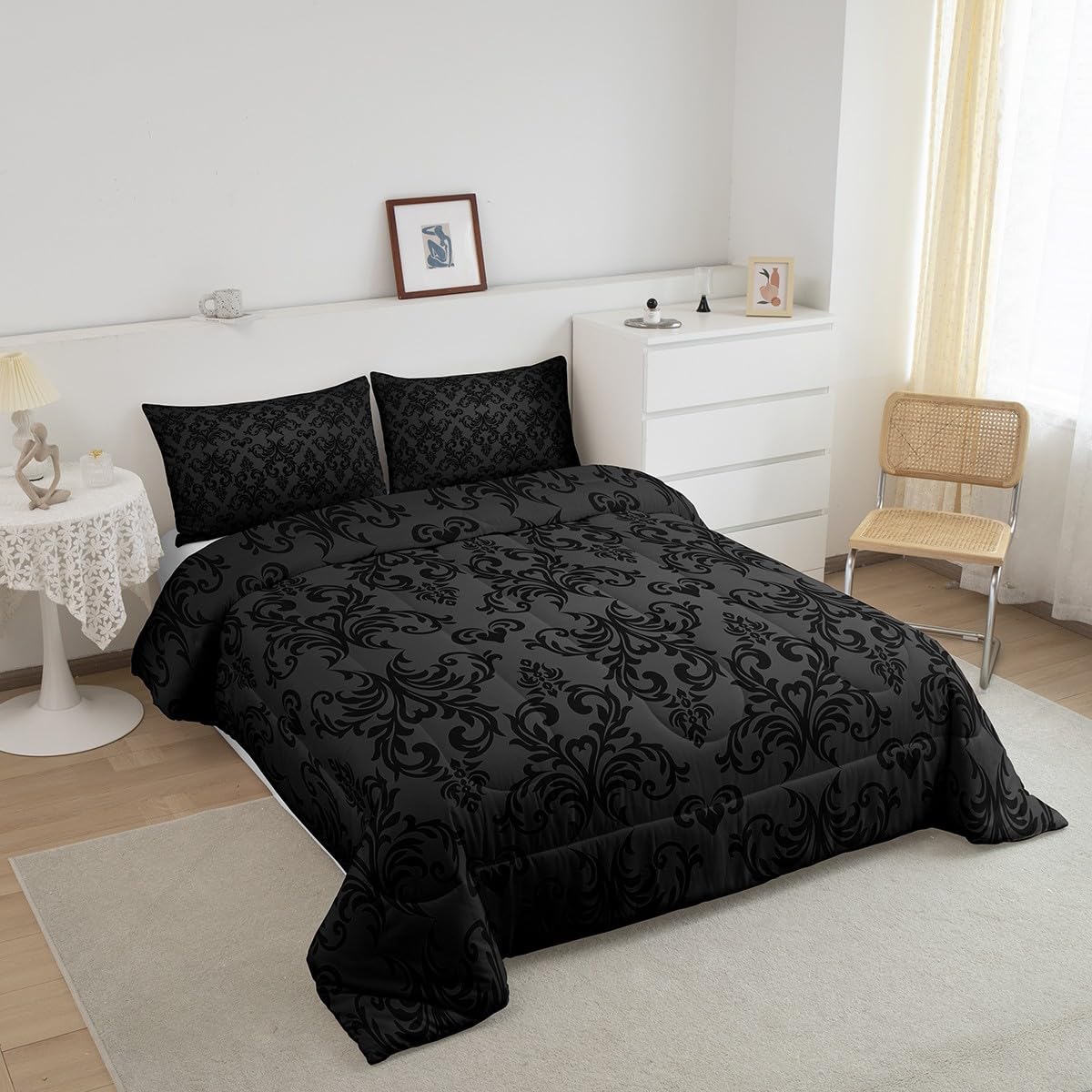 Feelyou Jacquard Bedding Set,Twin Size Floral Comforter Set for Adults and Teens,Boho Damask Duvet Set,Black & Grey Quilt Set (2Pcs)