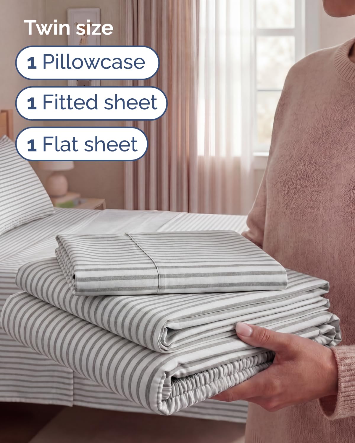 Twin Size 3 Piece Sheet Set - Comfy Breathable & Cooling Sheets - Hotel Luxury Bed Sheets for Women & Men - Deep Pockets, Easy-Fit, Soft and Wrinkle Free Sheets - Grey Stripes Oeko-Tex Bed Sheet Set