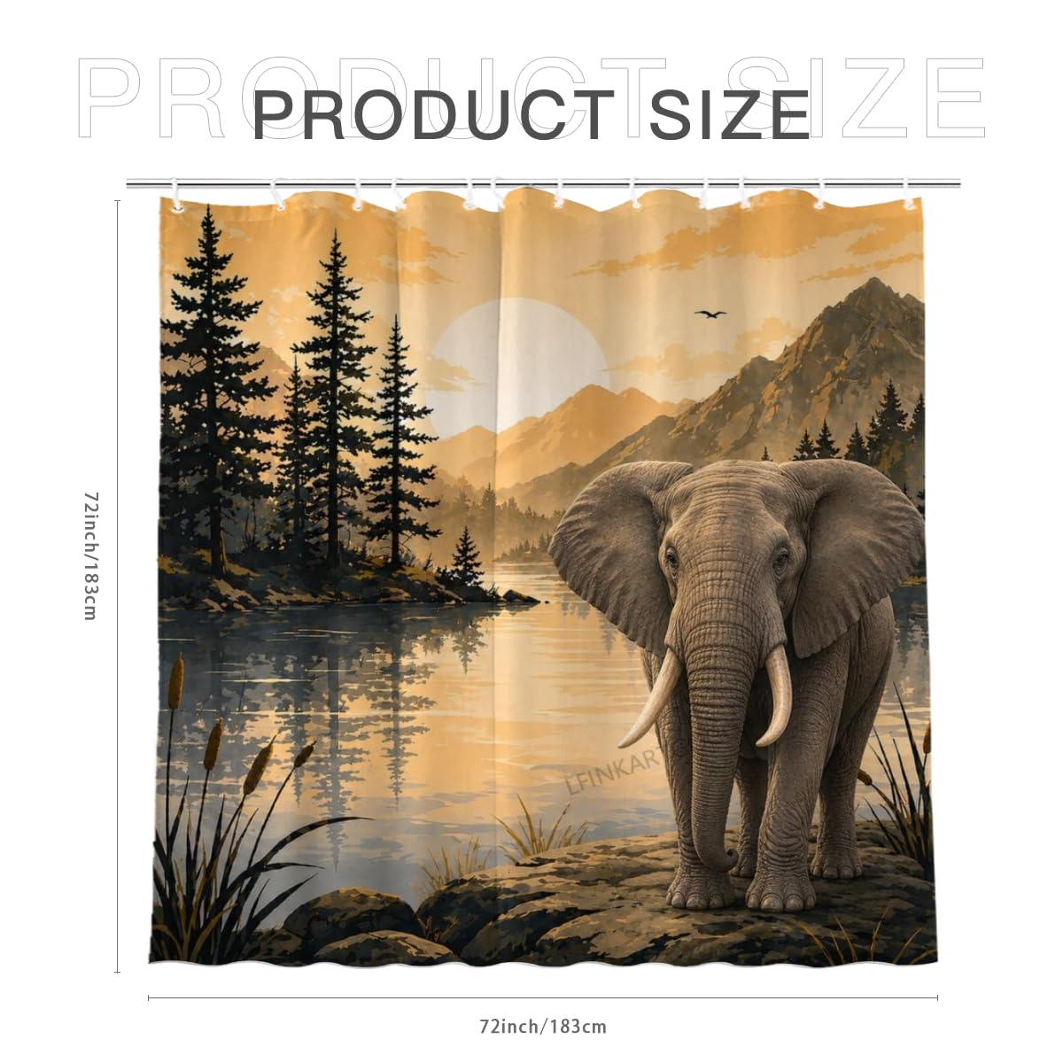 LFINKARTGOGO Cute Elephant Shower Curtain Mountain Lake with Forest and Sunset Landscape 72x72 with 12 Hooks Waterproof Washable Polyester Bath Curtain for Home Hotel Decor
