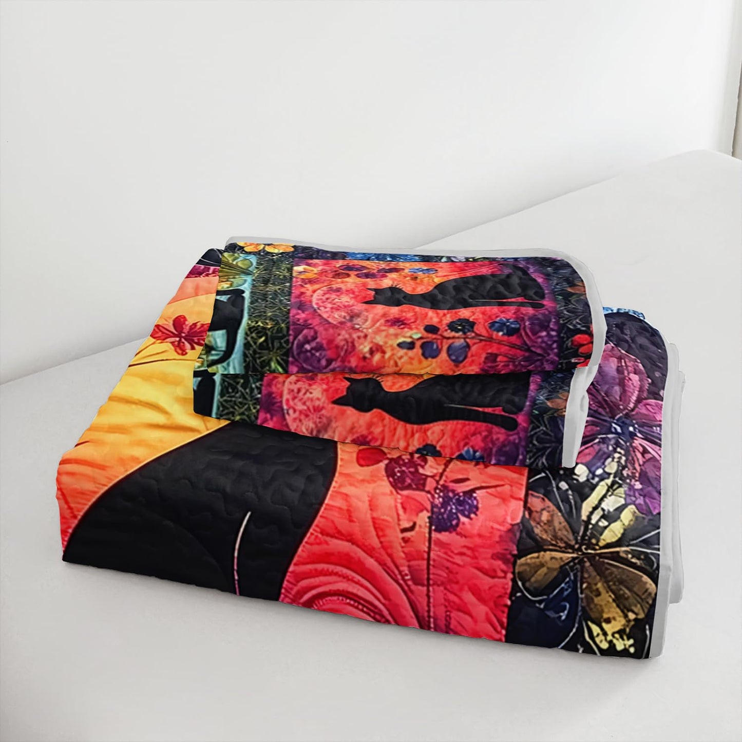 HOSIMA Cat King Size Quilt,Different Grid Patterns with Cats Flowers Printed,Cute Bedding for Kids Adults Room Decor,Animal Themed Bohemian Style Patchwork Quilt with 2 Pillowcases.