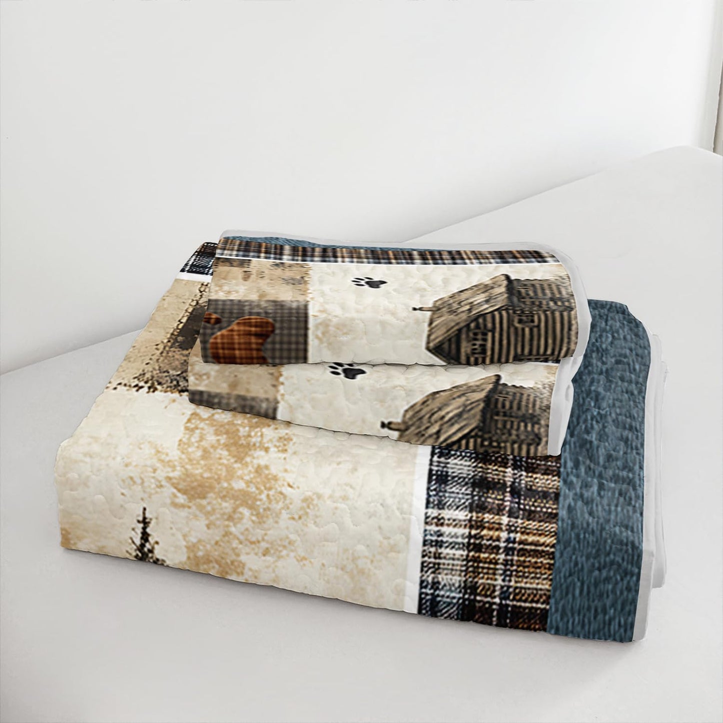 Tuzaovy Bear Deer Quilt Set Queen Size,Rustic Animal Bear Paw Printed Bed Cover Set for Boys Girls Room Decor,Rustic Farmhouse Quilt Bedding,Country Woodland Pine Tree Bedspread Bedroom Decor