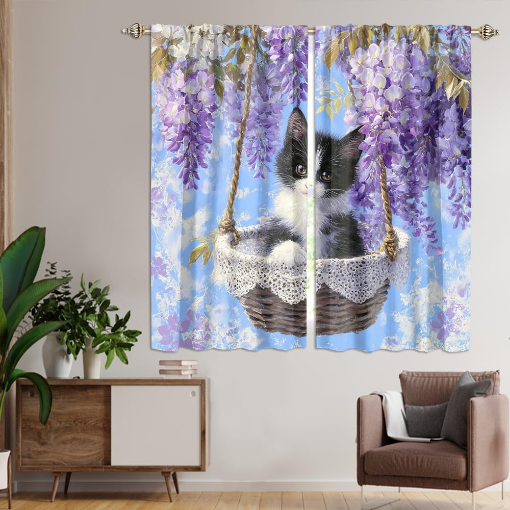 XSUPFLYM Beautiful Vintage Oil Painting Cat Privacy Perforated Curtains Rustic Abstract Spring Garden Plant Lilac Flowers Animal Kitten Curtains Top Grommets Window Treatment 2 Panels 21" W x 45" L