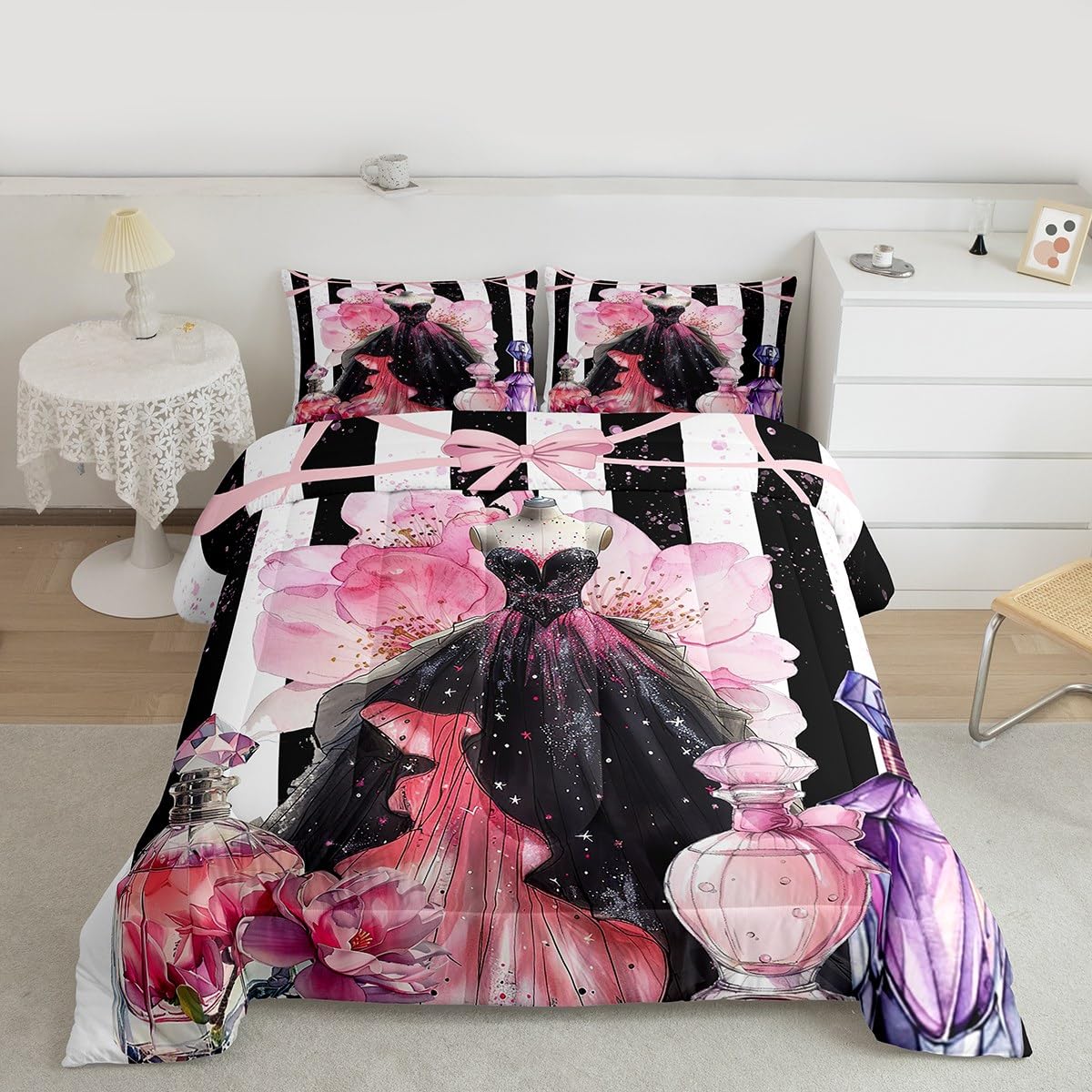 Erosebridal Girly Modern Fashion King Bedding Set | Girls Women Coquette Dress Comforter Set Black and White Striped Bed Collections Cute Coquette Bow Duvet Quilt Sets