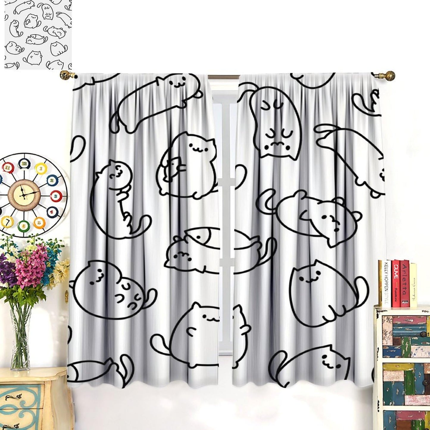 Cartoon Cat Curtain, Funny Cute Black White Line Kitten Art Pattern Decor Rod Pocket Window Curtain, for Kids Nursery Living Room Bedroom Cafe Farmhouse Style-11 42" W X 45" L