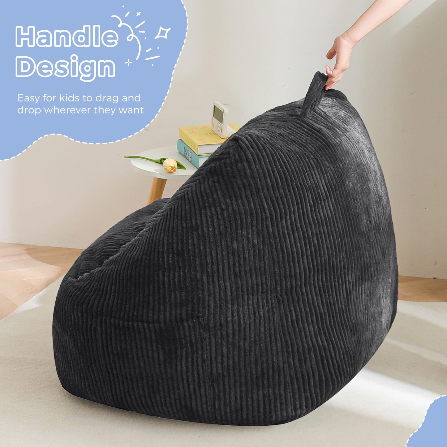 MAXYOYO Kids Bean Bag Chair, Bean Bag Couch with Handle, Comfy Toddler Chair for Boys and Girls, Accent Sofa Chair with Pocket for Gaming Reading Relaxing, Dark Grey